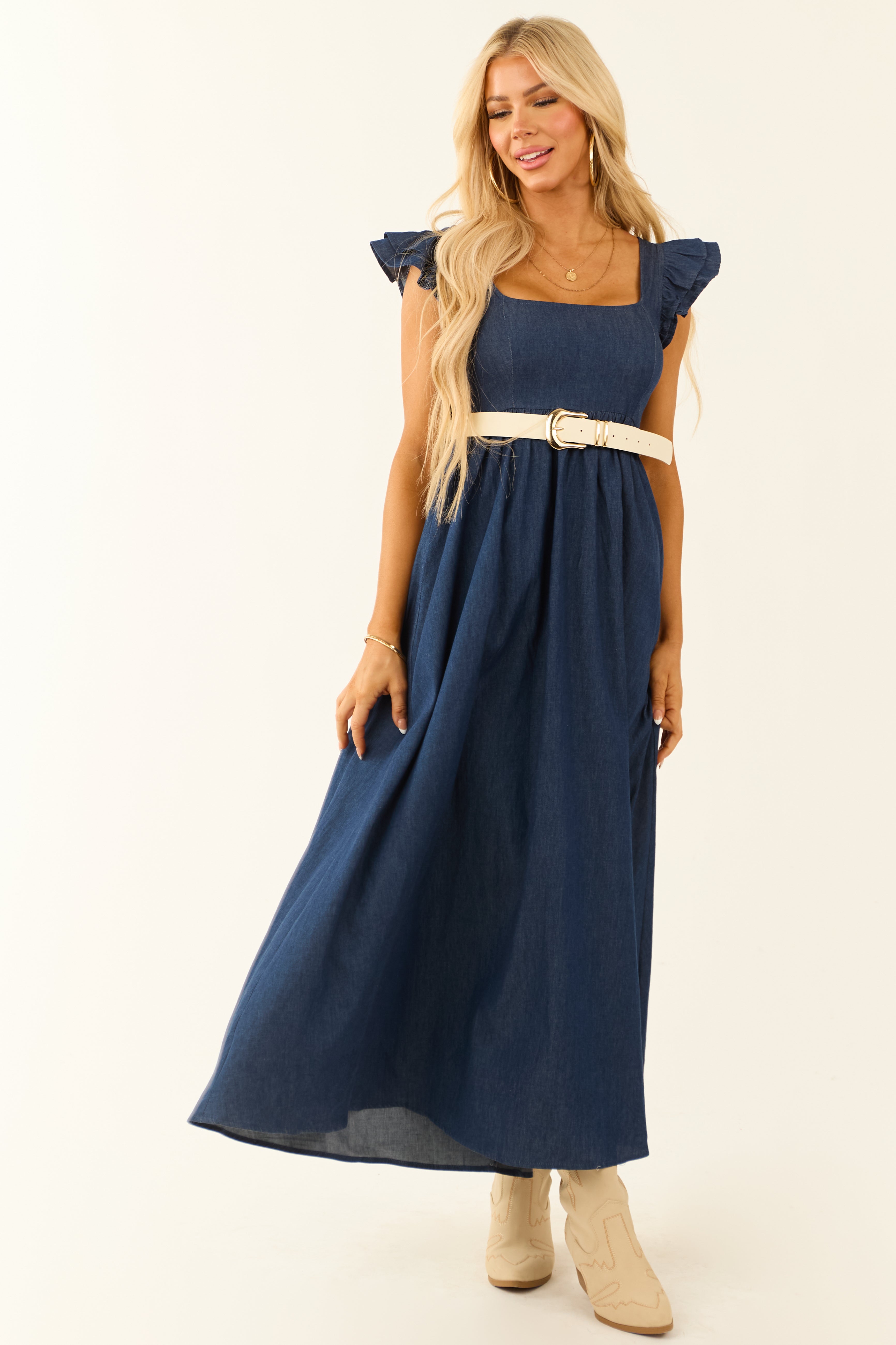 Chambray Ruffle Sleeve Babydoll Midi Dress | Lime Lush Boutique