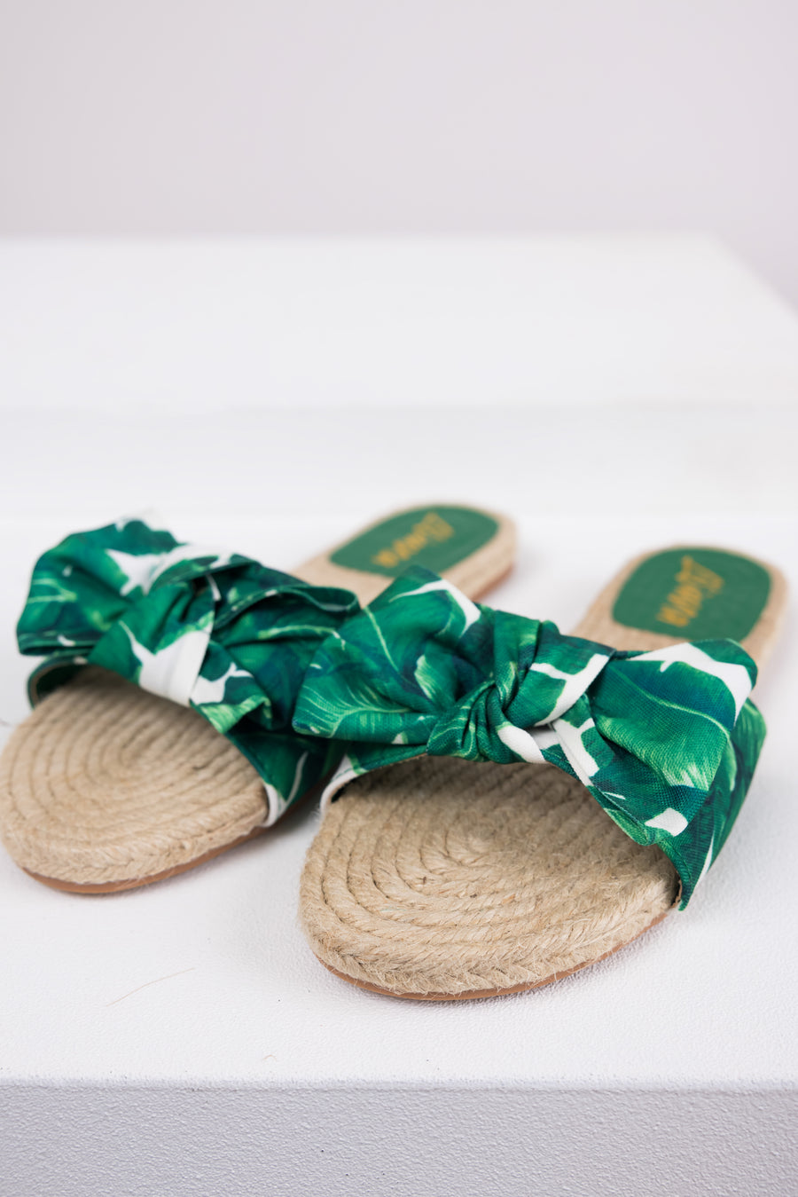 Palm Print Bow Strap Flat Espadrille Sandals