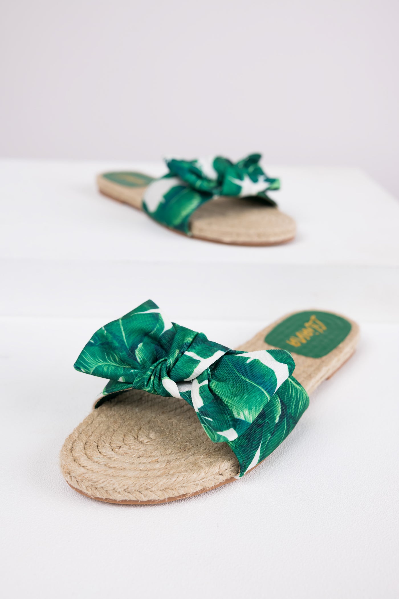 Palm Print Bow Strap Flat Espadrille Sandals