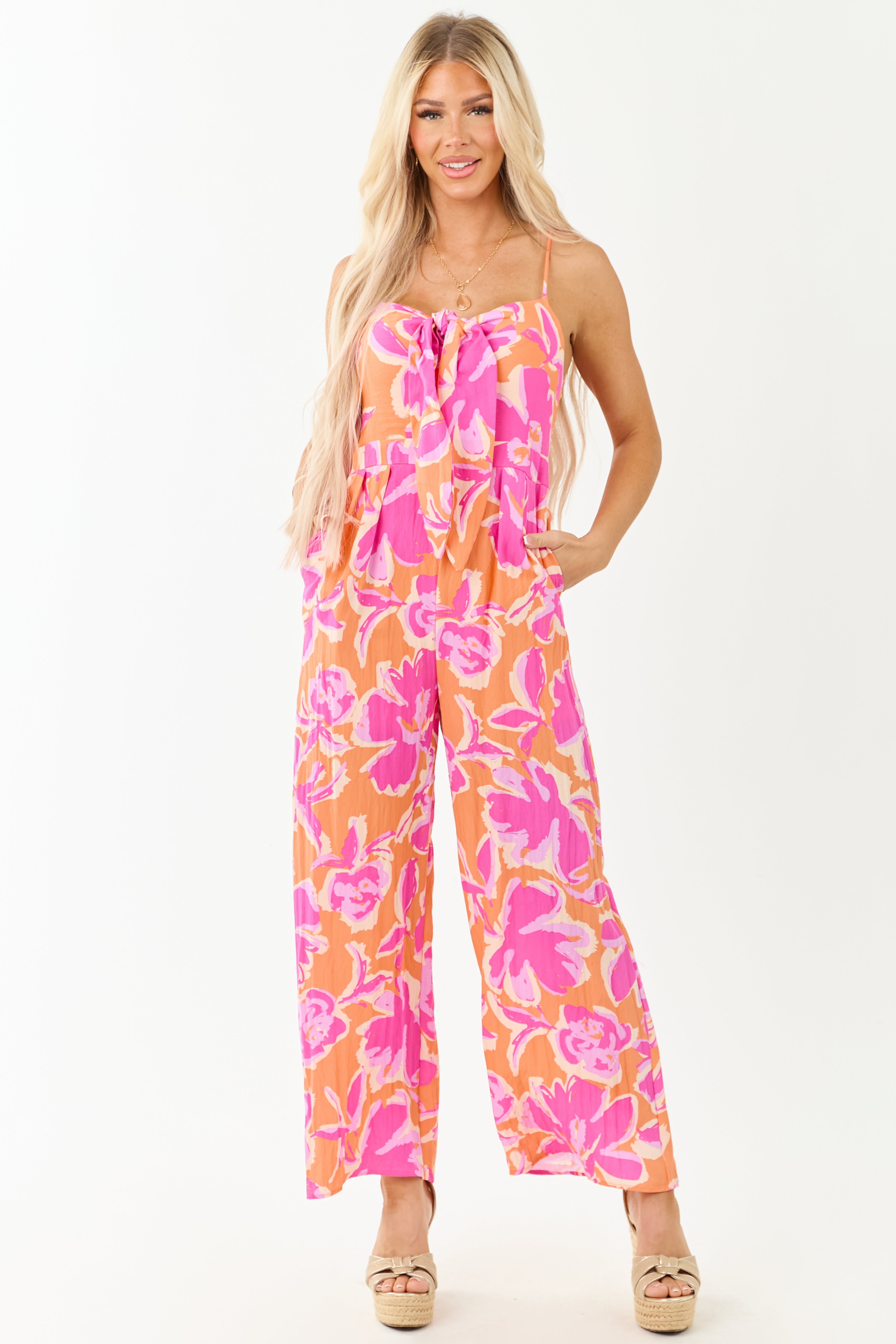 Papaya Beachy Print Sleeveless Front Tie Jumpsuit