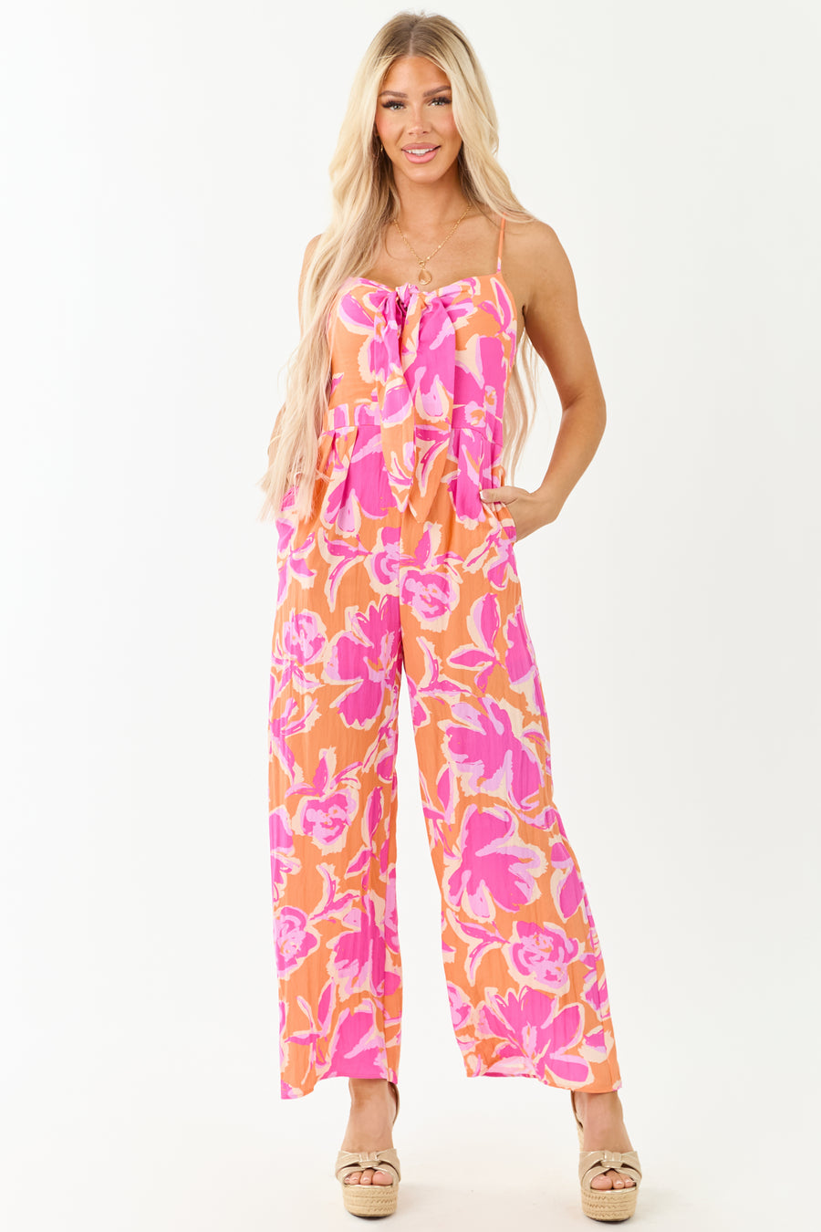 Papaya Beachy Print Sleeveless Front Tie Jumpsuit