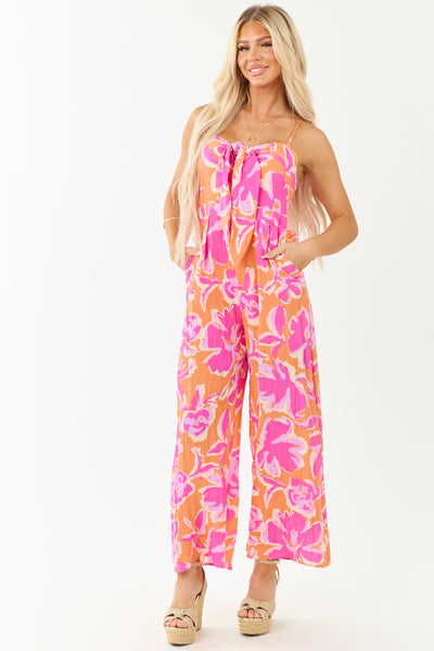 Papaya Beachy Print Sleeveless Front Tie Jumpsuit