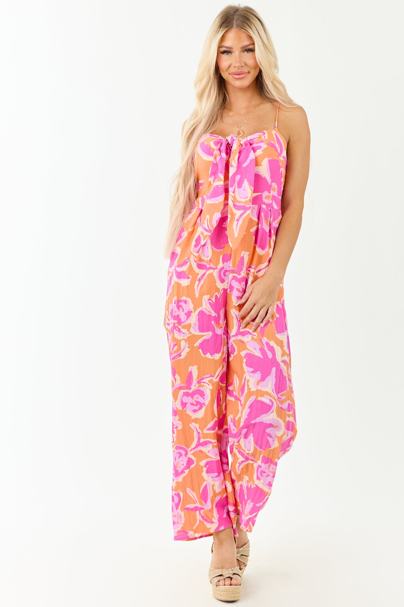 Papaya Beachy Print Sleeveless Front Tie Jumpsuit