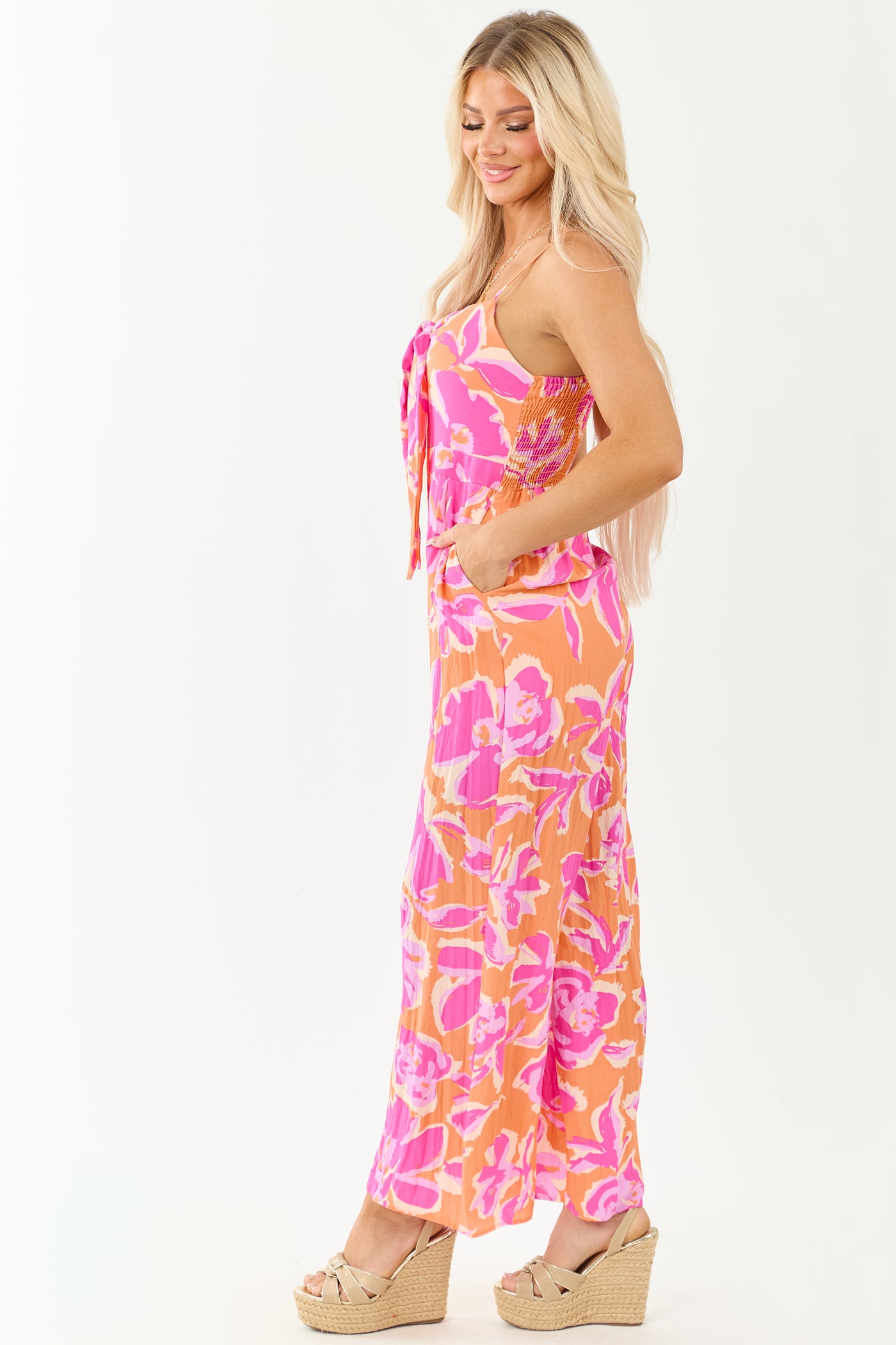 Papaya Beachy Print Sleeveless Front Tie Jumpsuit