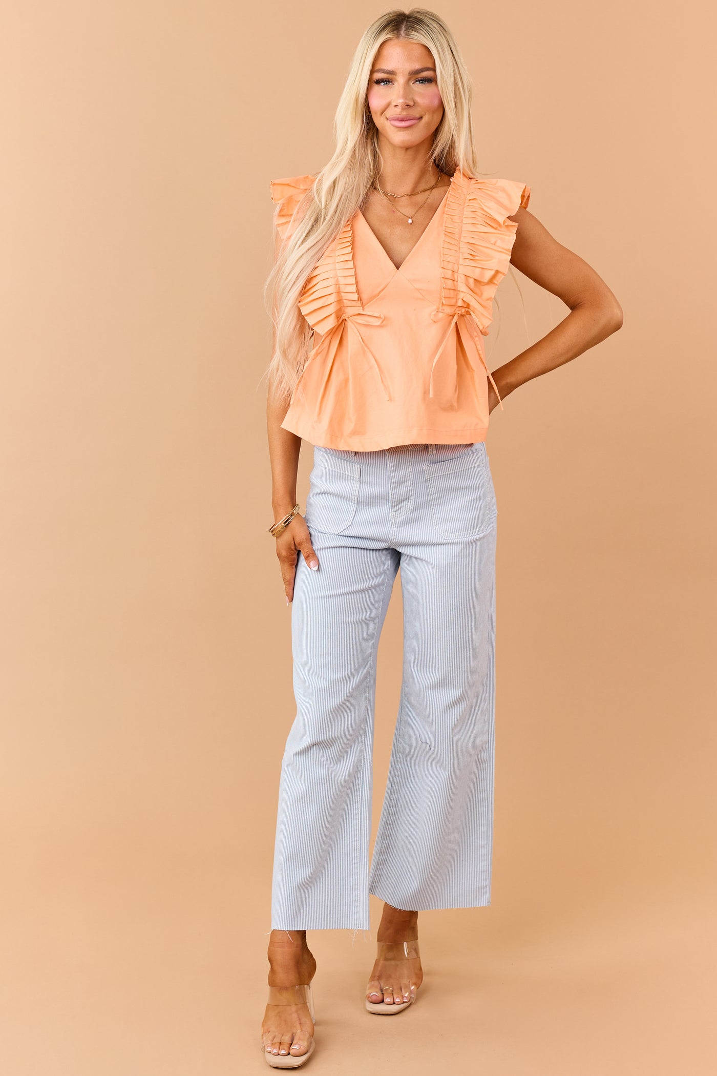 Papaya Cotton Pleated Bow Detail Short Sleeve Top