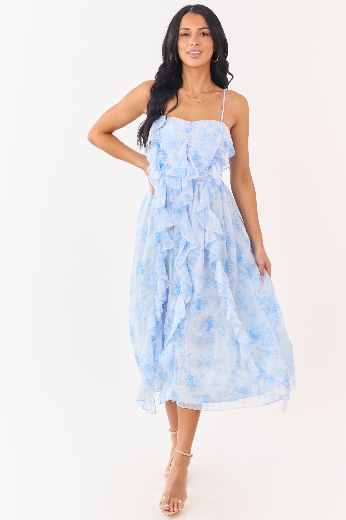 Pastel Blue Chiffon Ruffled Sleeveless Midi Dress