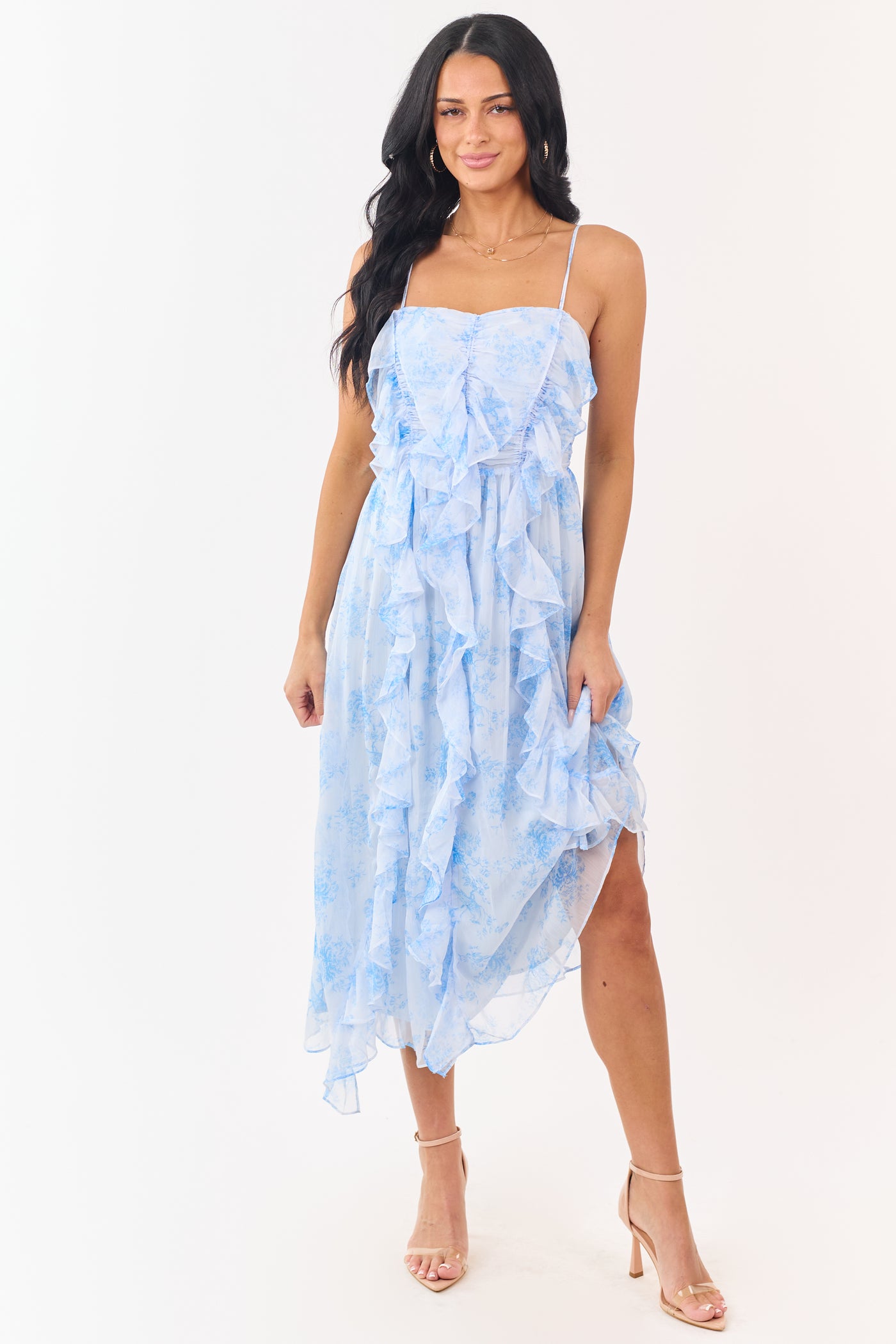 Pastel Blue Chiffon Ruffled Sleeveless Midi Dress