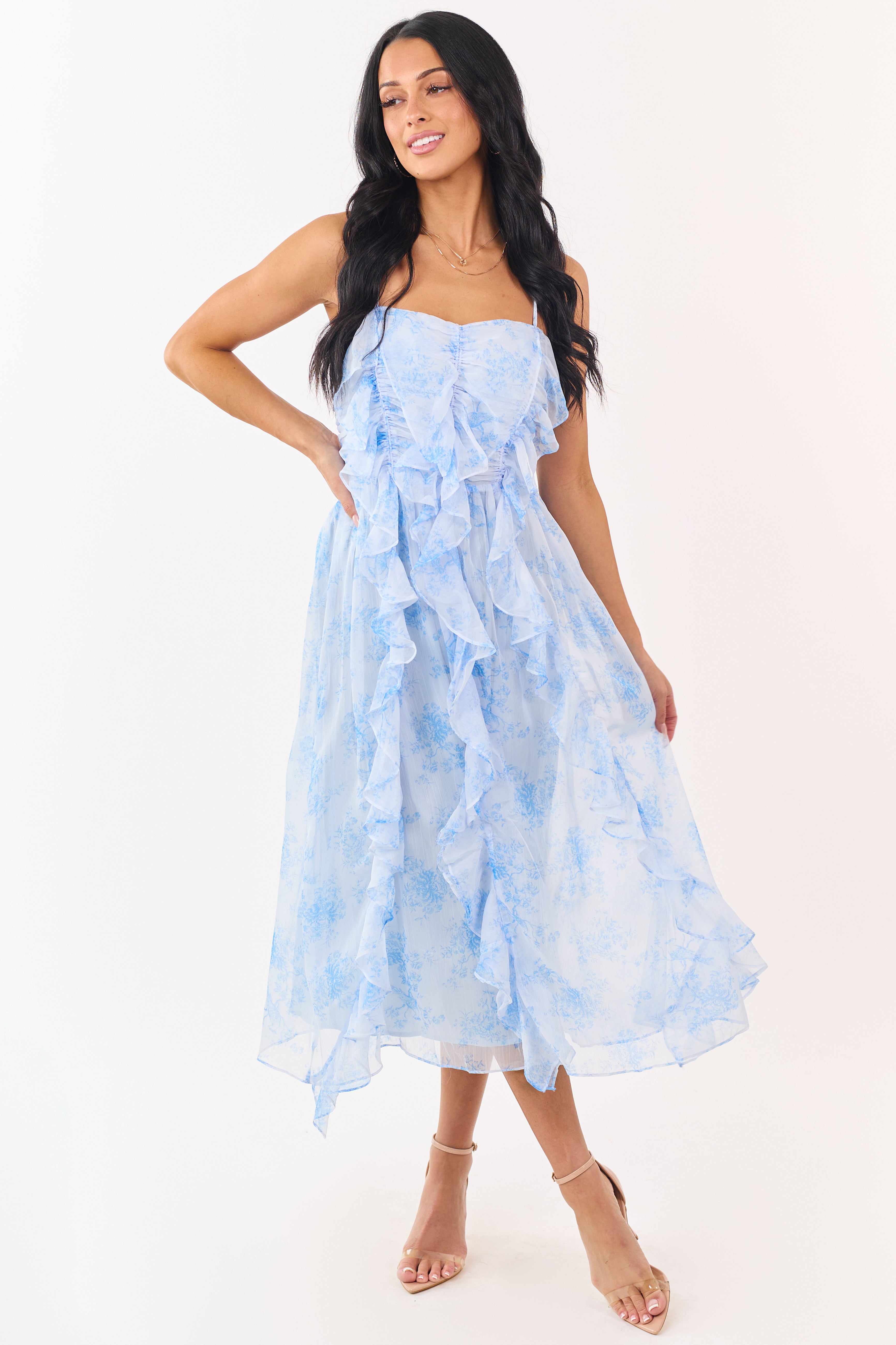 Pastel Blue Chiffon Ruffled Sleeveless Midi Dress Pastel Blue Chiffon Ruffled Sleeveless Midi Dress