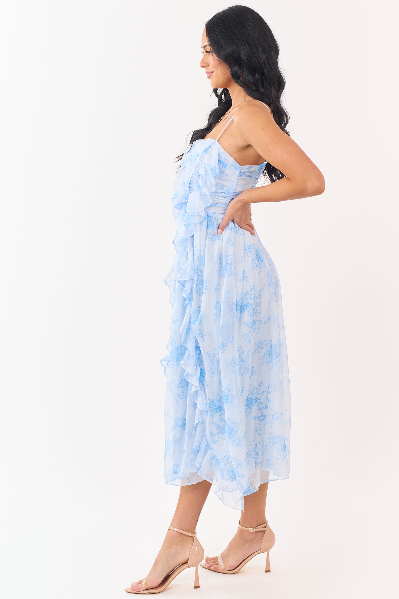Pastel Blue Chiffon Ruffled Sleeveless Midi Dress