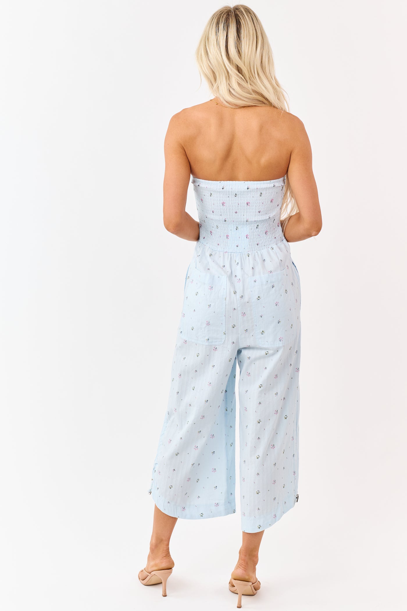 Pastel Blue Cotton Floral Print Strapless Jumpsuit