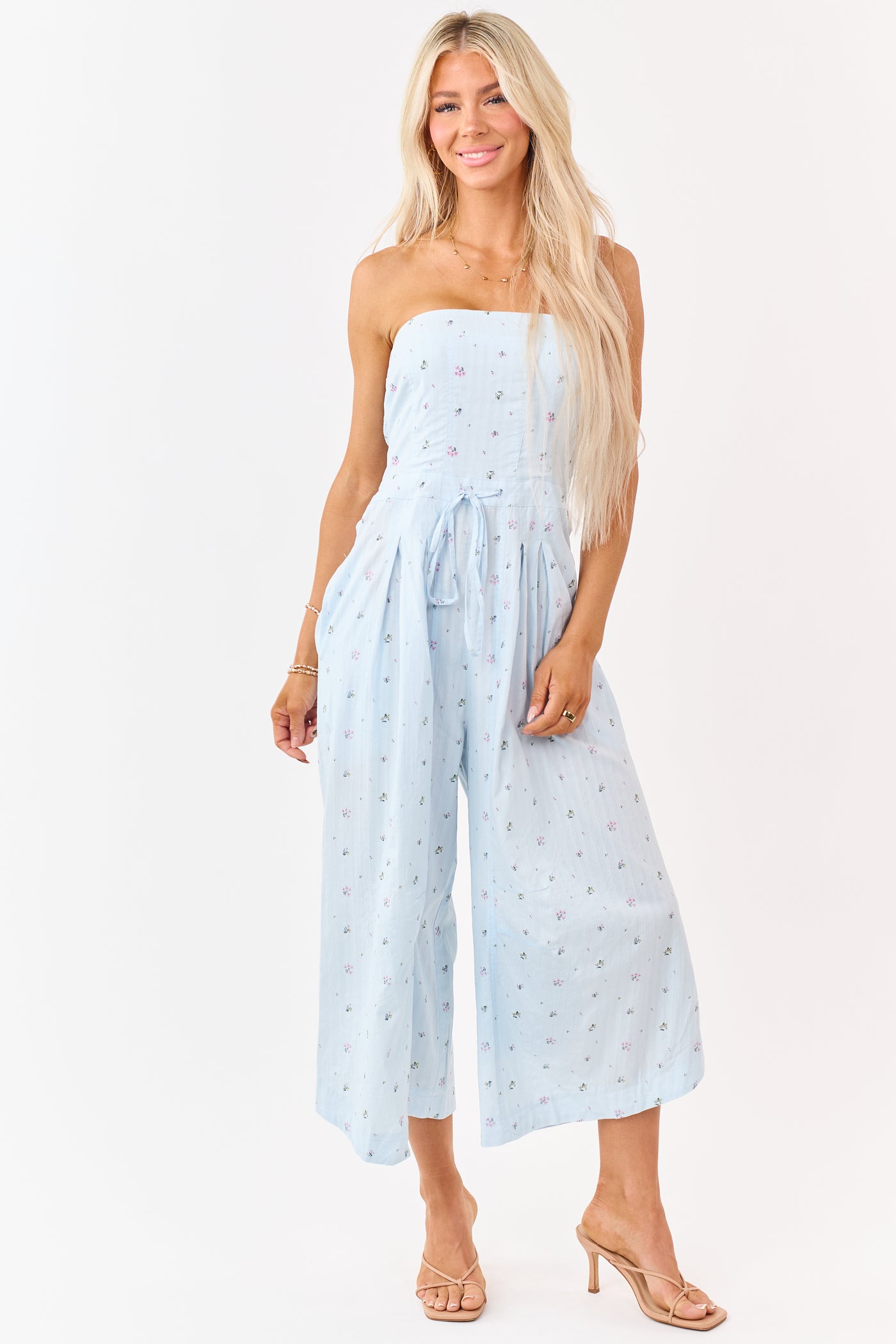 Pastel Blue Cotton Floral Print Strapless Jumpsuit
