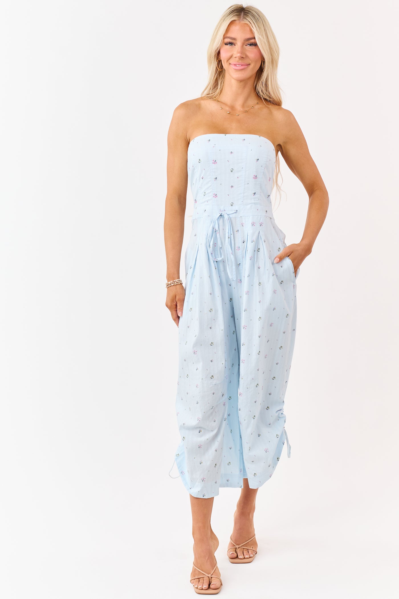 Pastel Blue Cotton Floral Print Strapless Jumpsuit