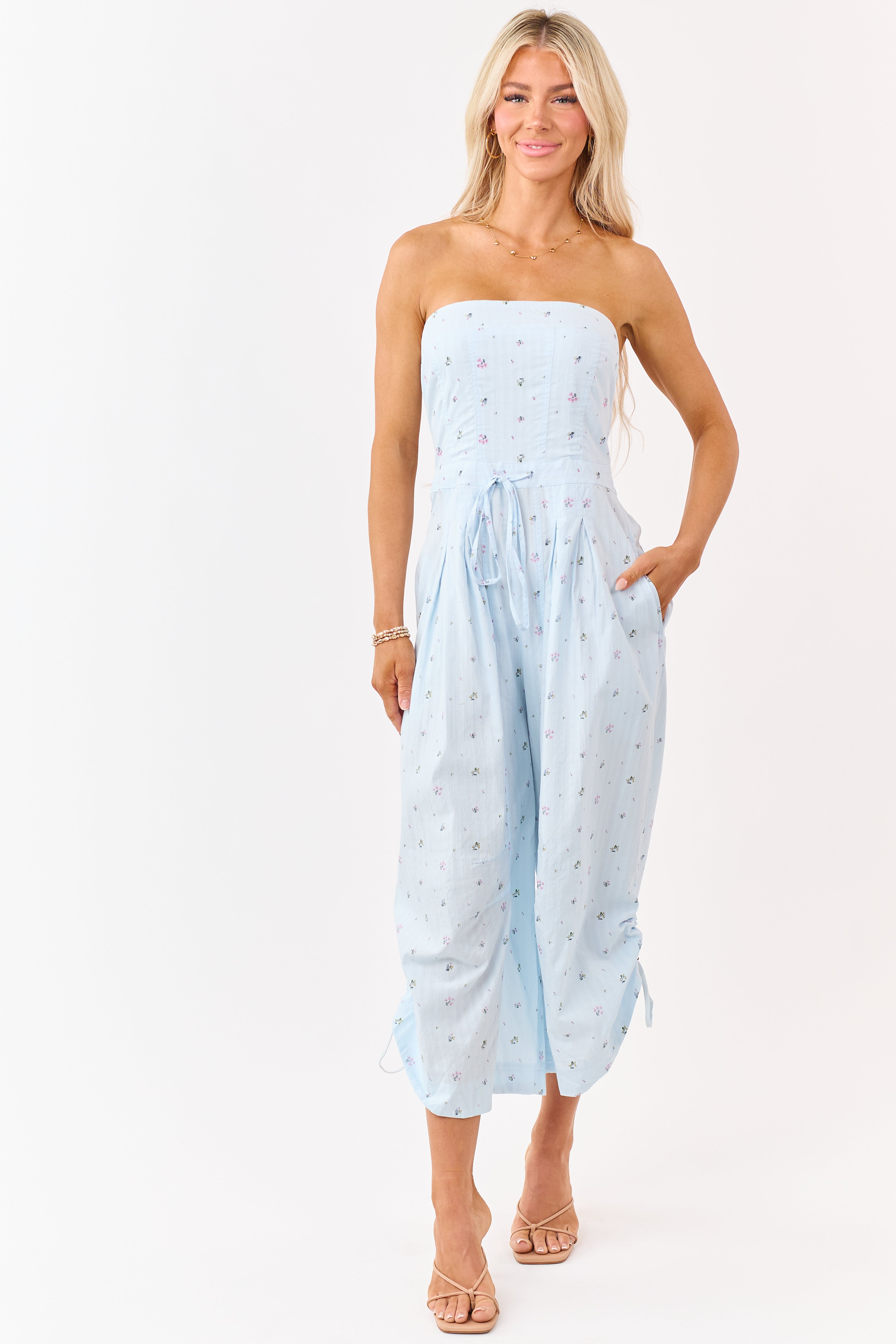 Pastel Blue Cotton Floral Print Strapless Jumpsuit