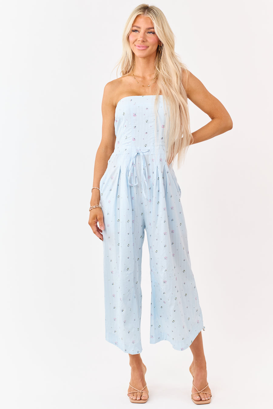 Pastel Blue Cotton Floral Print Strapless Jumpsuit