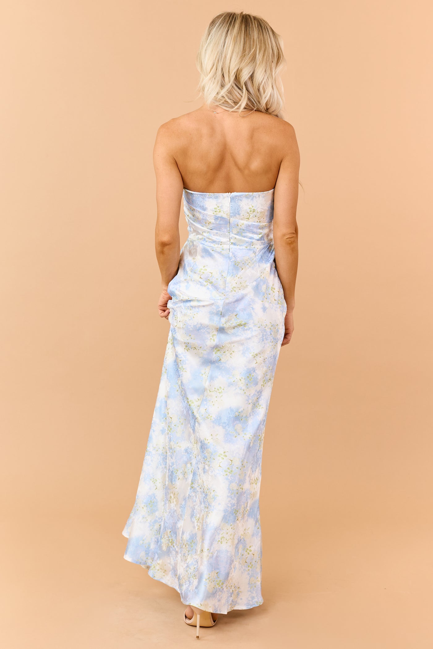Pastel Blue Floral Jacquard Pleated Bodice Maxi Dress