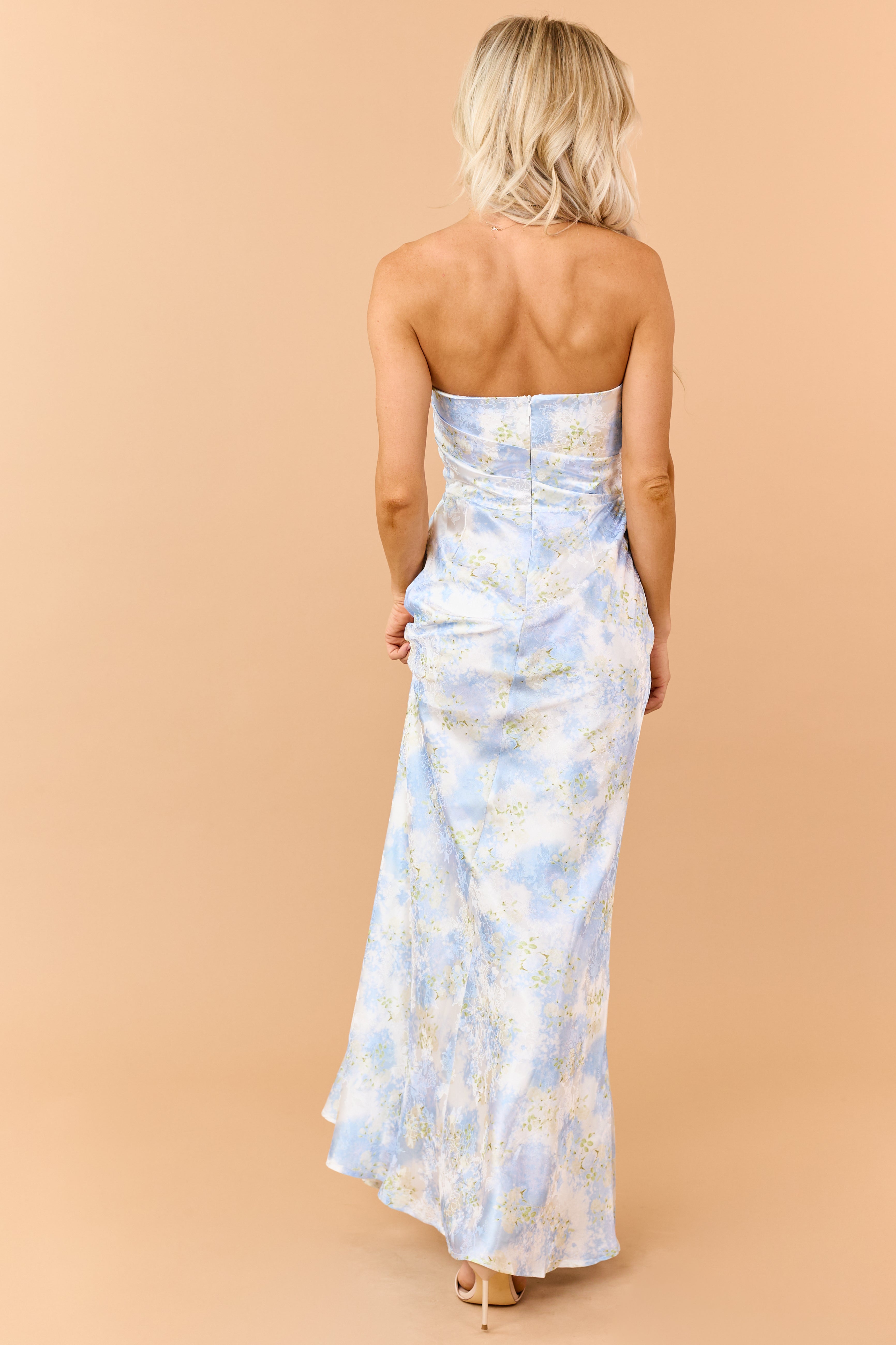 Pastel Blue Floral Jacquard Pleated Bodice Maxi Dress