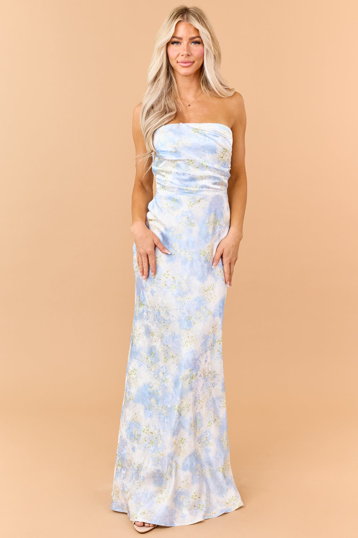 Pastel Blue Floral Jacquard Pleated Bodice Maxi Dress