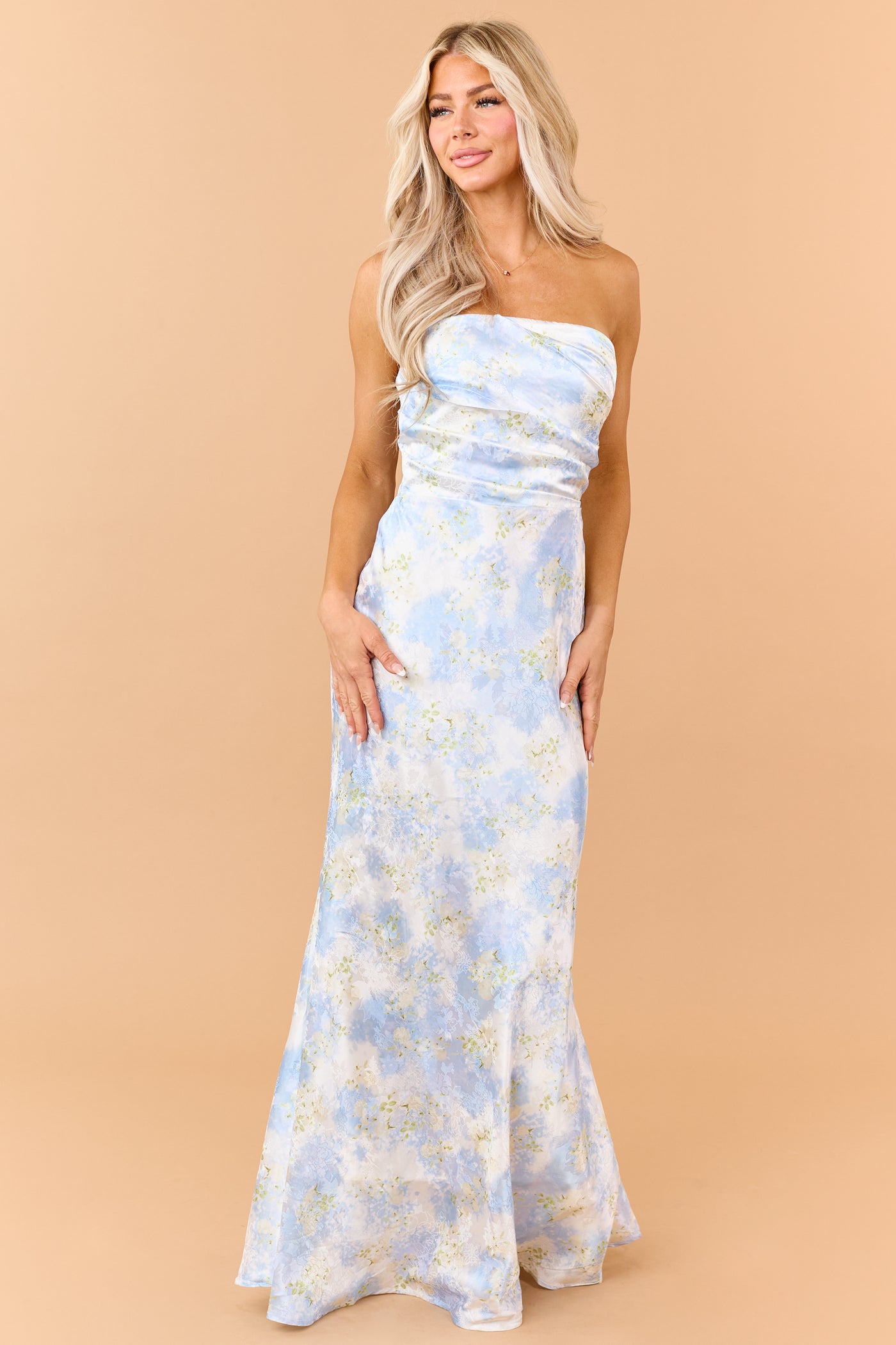 Pastel Blue Floral Jacquard Pleated Bodice Maxi Dress