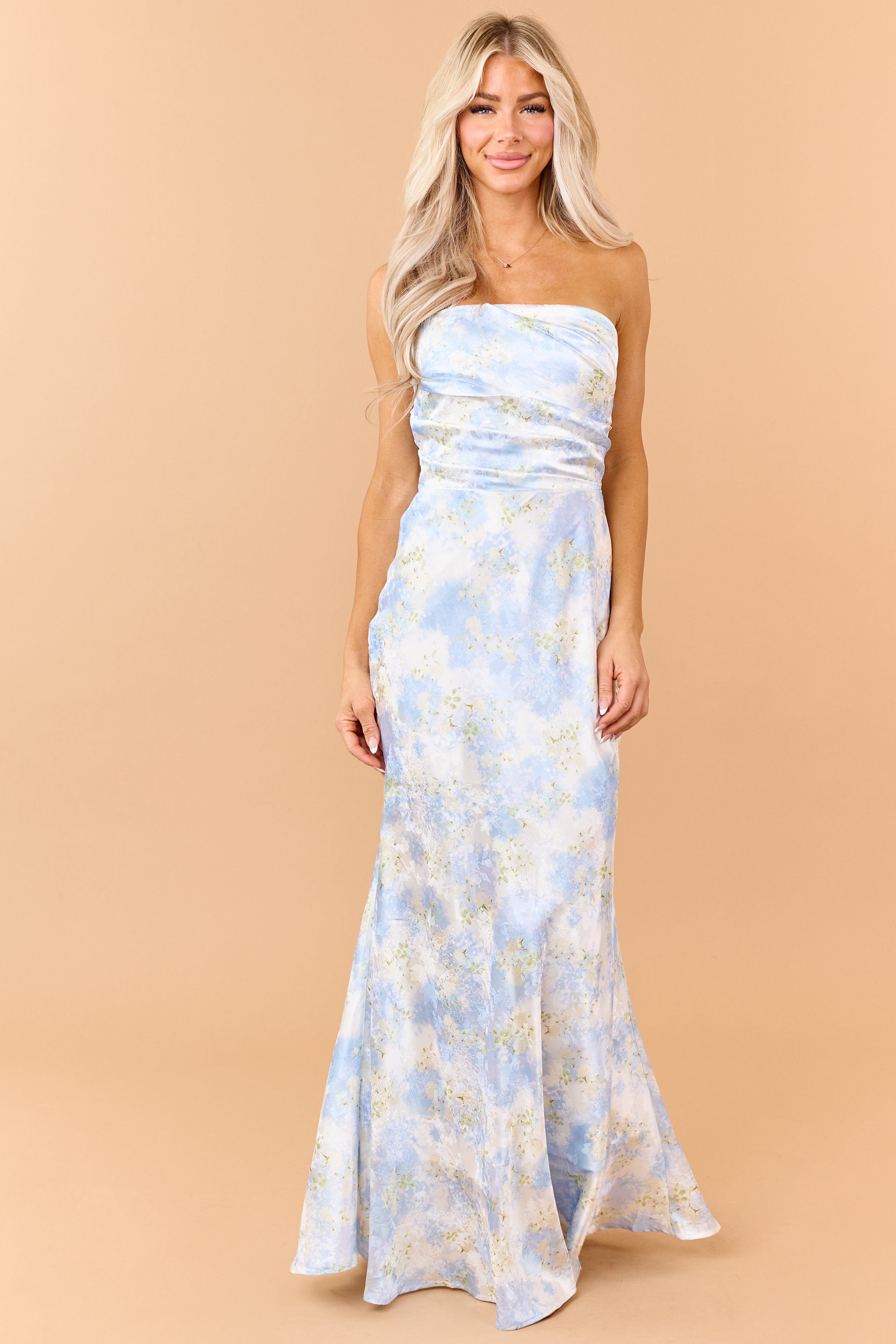 Pastel Blue Floral Jacquard Pleated Bodice Maxi Dress