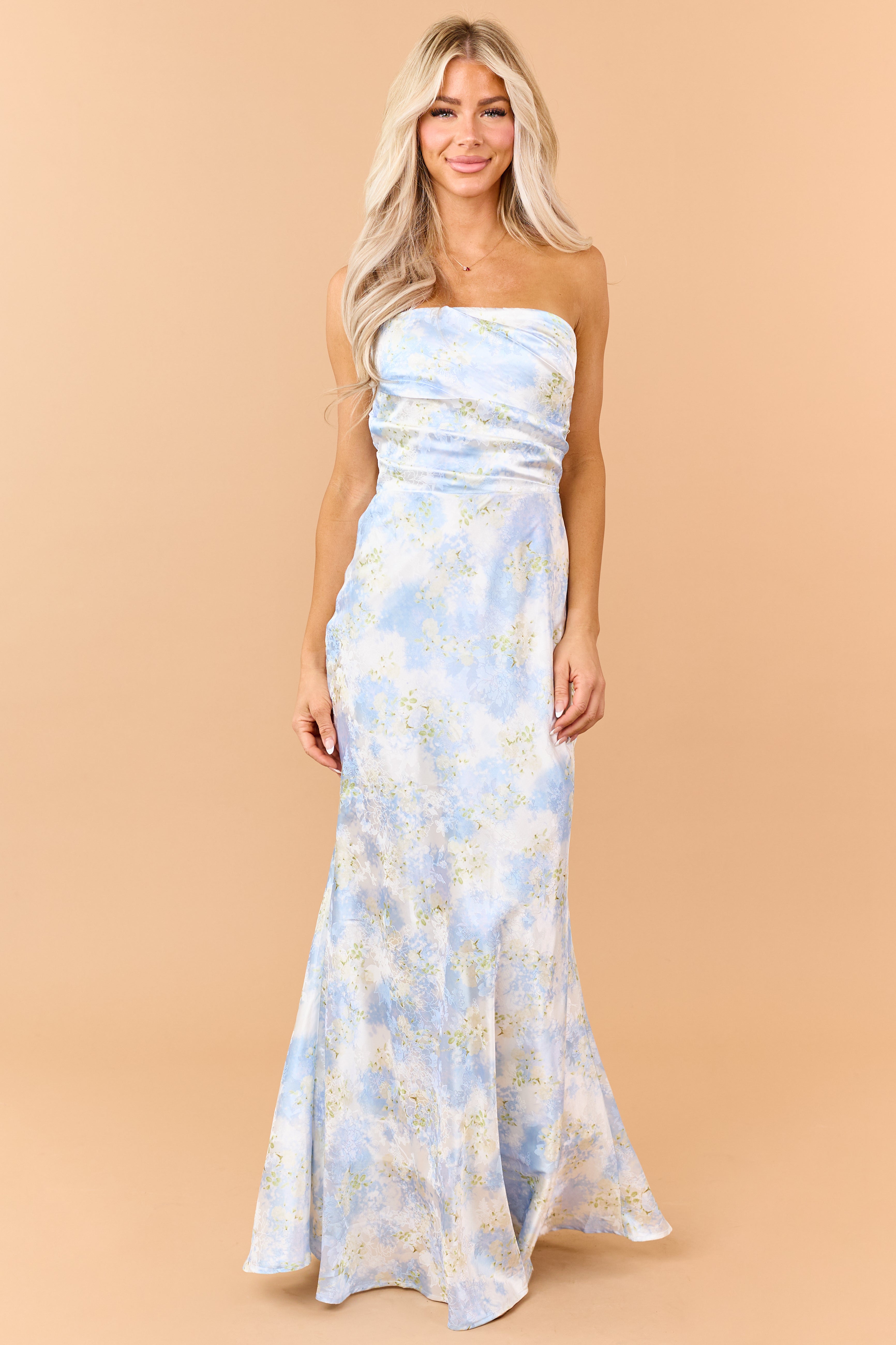 Pastel Blue Floral Jacquard Pleated Bodice Maxi Dress