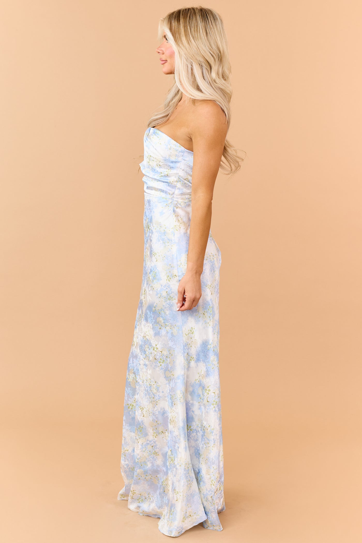 Pastel Blue Floral Jacquard Pleated Bodice Maxi Dress