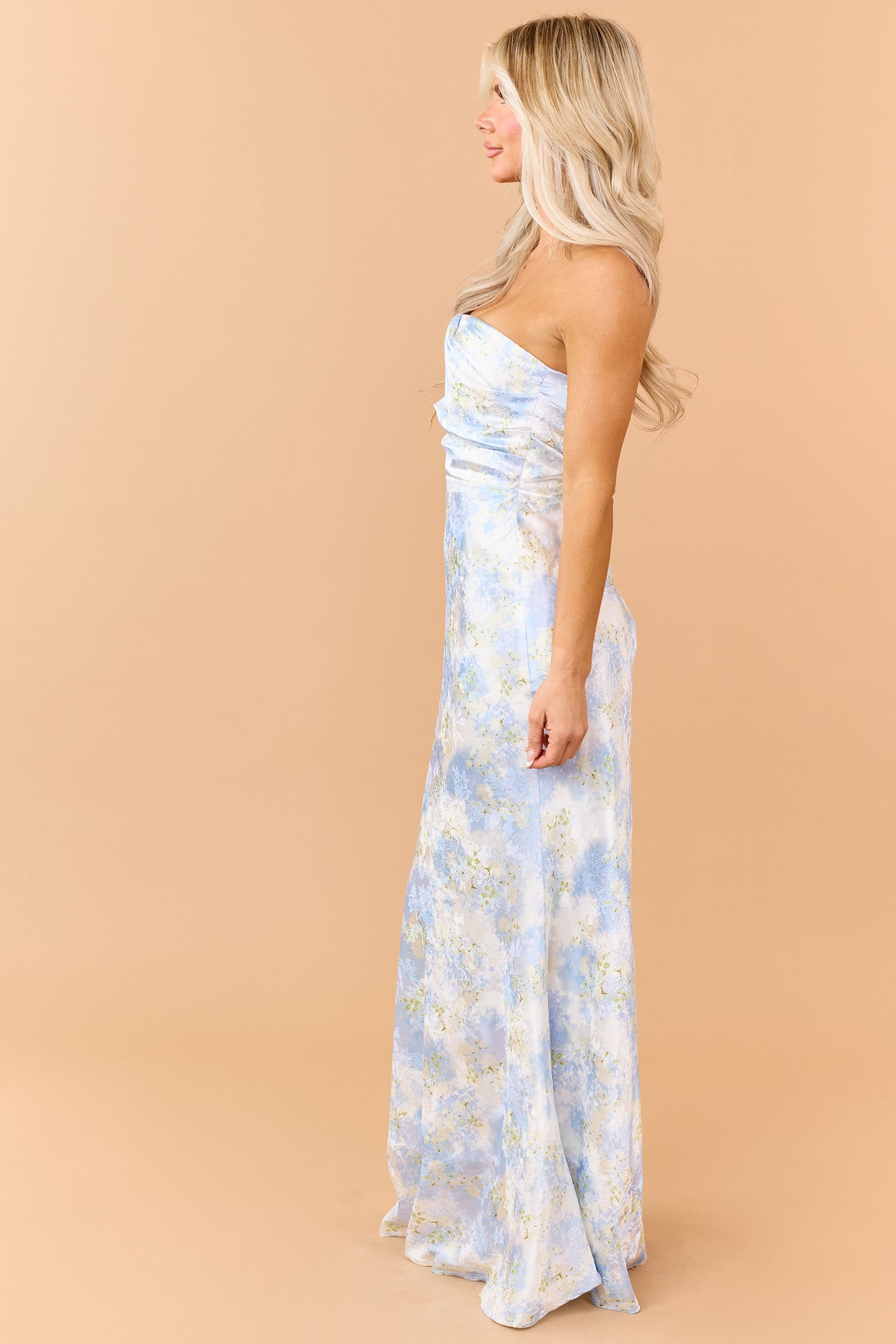 Pastel Blue Floral Jacquard Pleated Bodice Maxi Dress