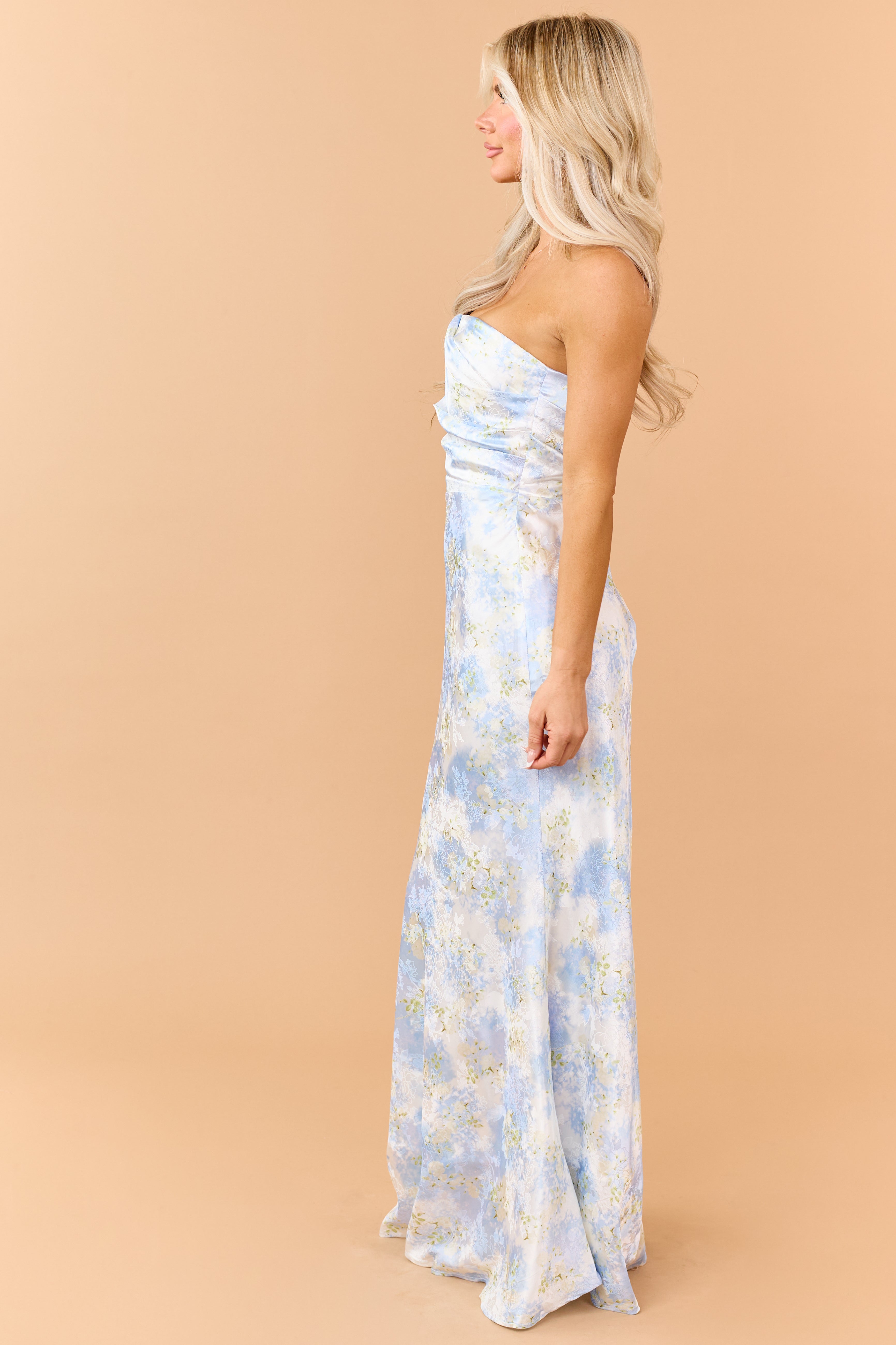 Pastel Blue Floral Jacquard Pleated Bodice Maxi Dress