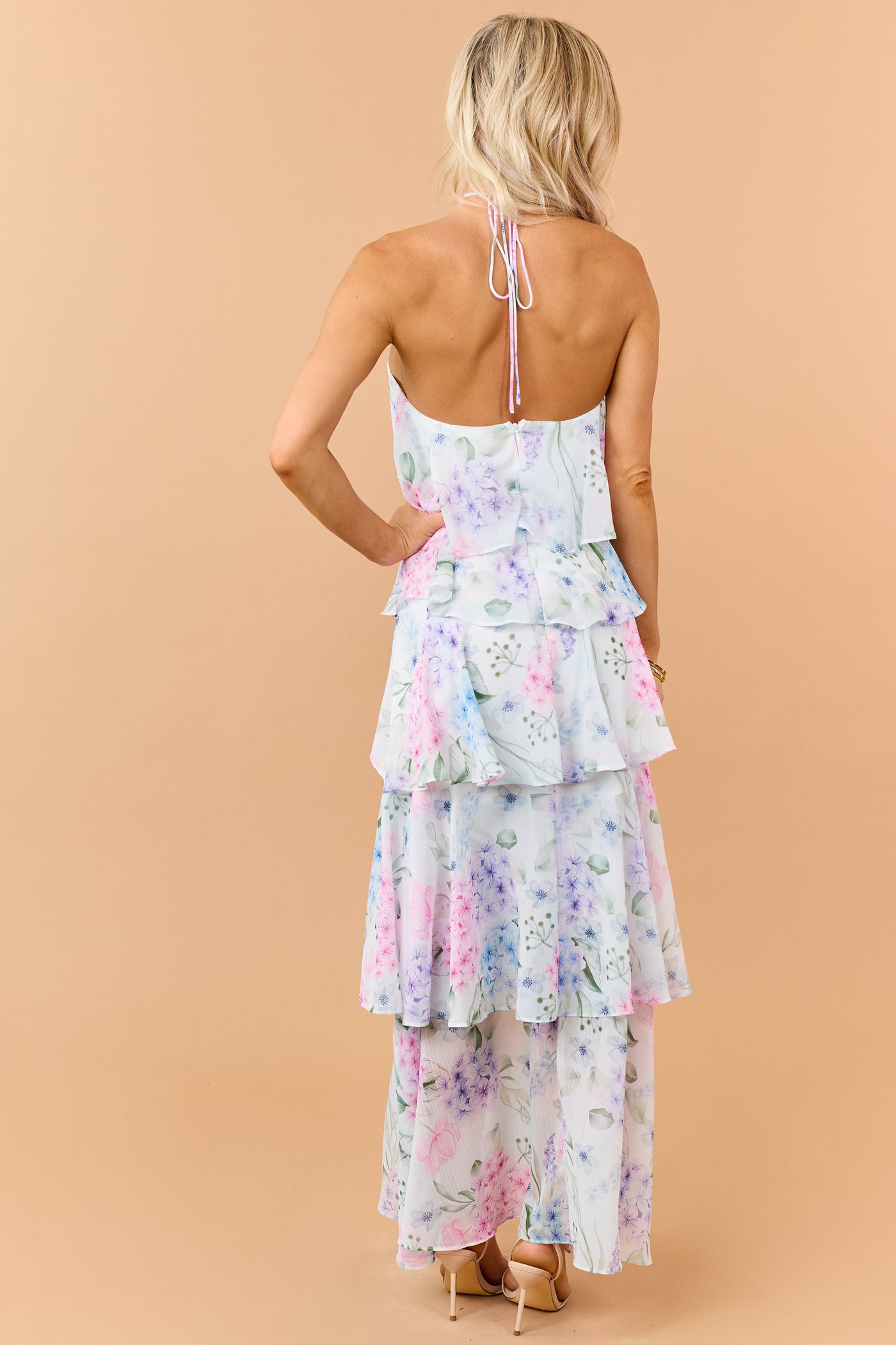 Pastel Blue Floral Print Ruffle Tiered Maxi Dress
