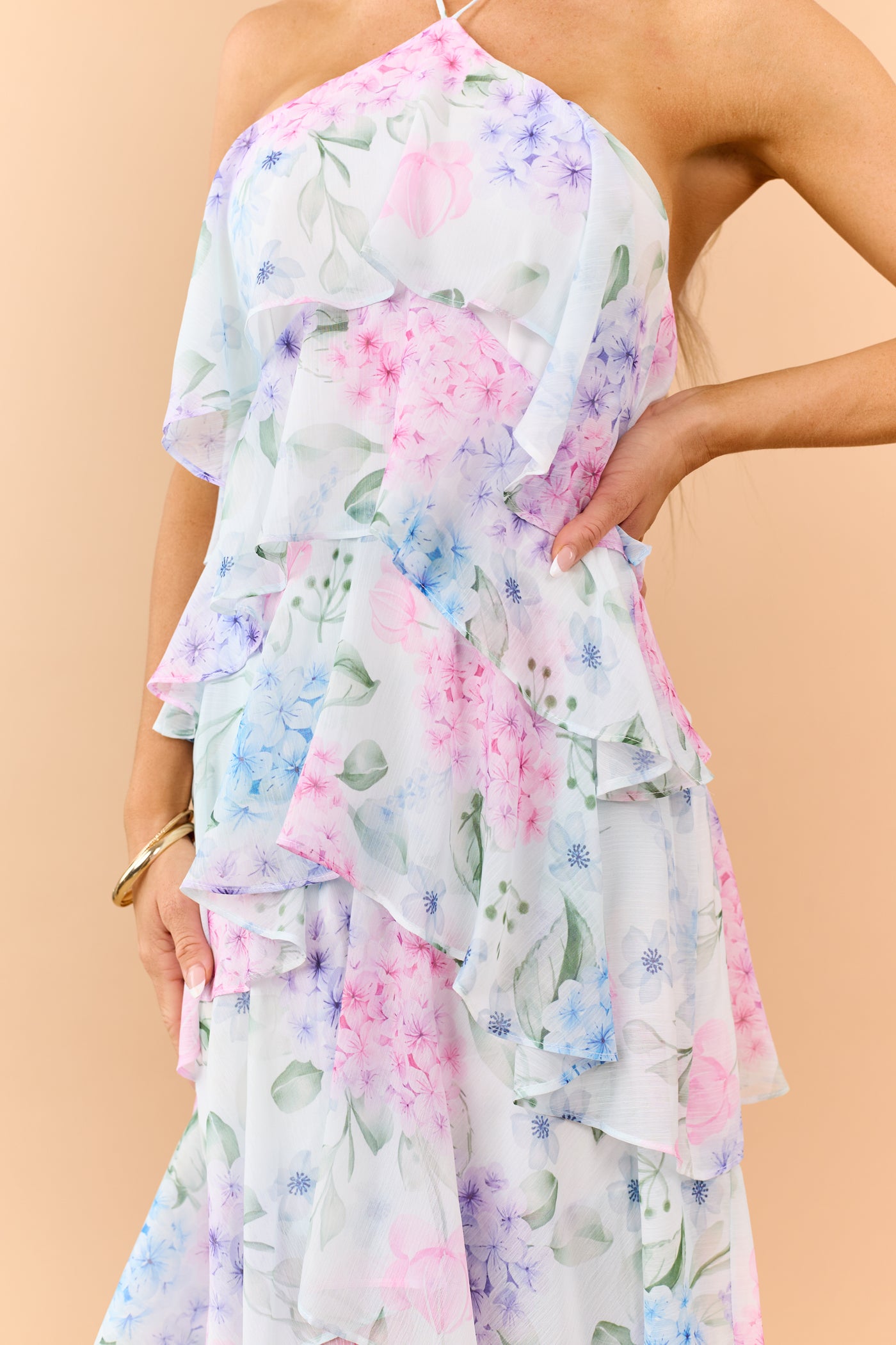 Pastel Blue Floral Print Ruffle Tiered Maxi Dress