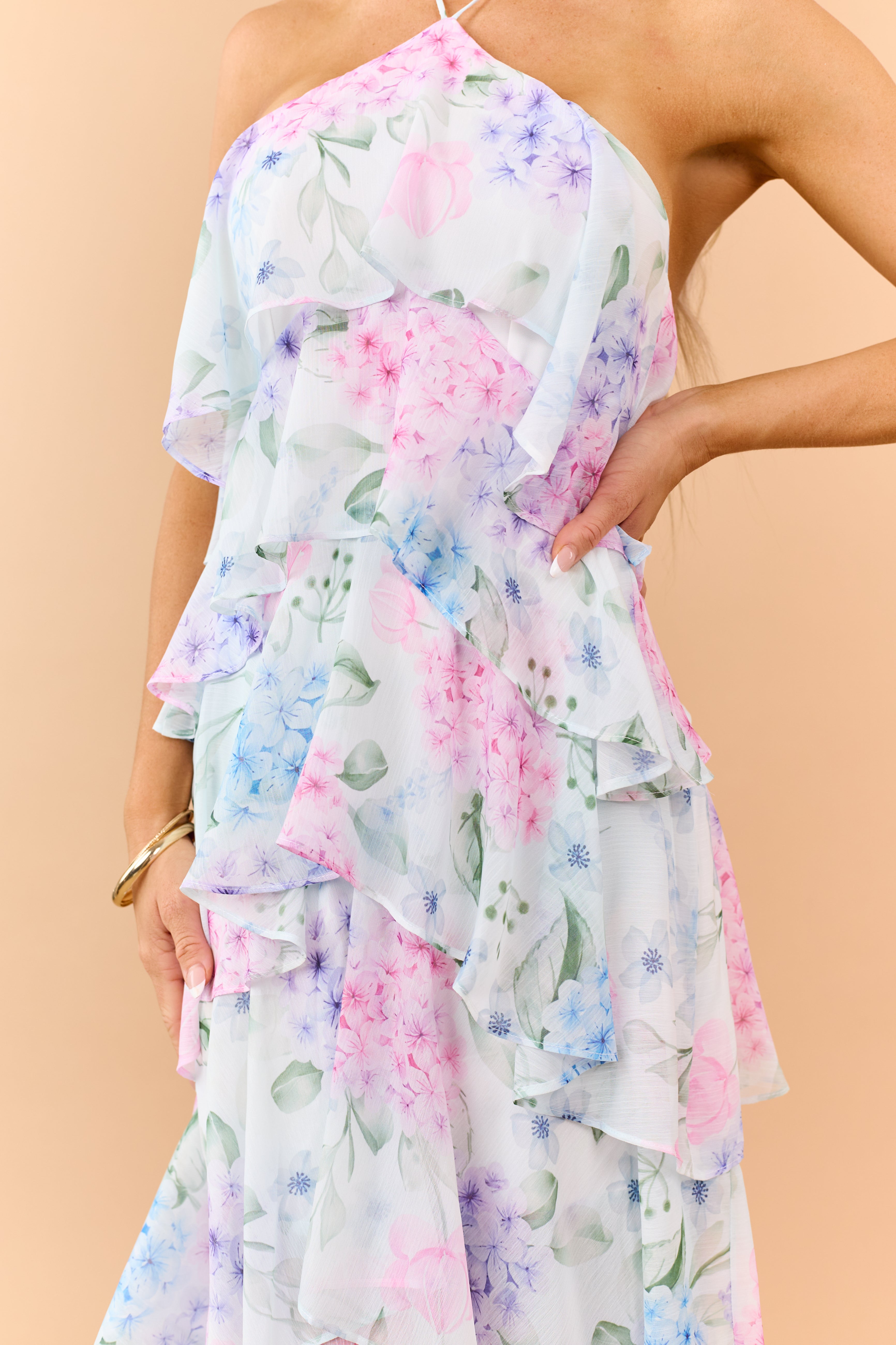 Pastel Blue Floral Print Ruffle Tiered Maxi Dress