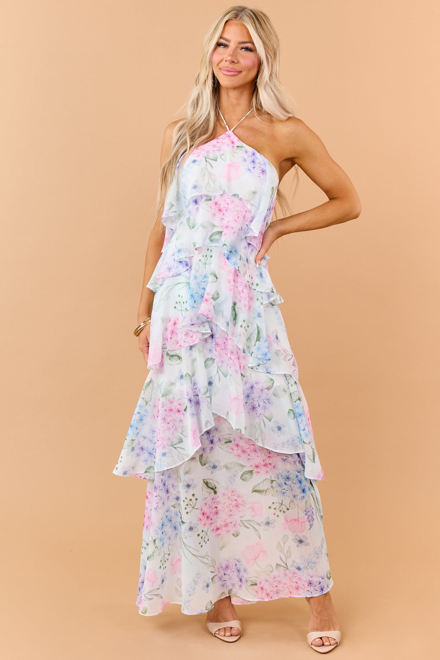 Pastel Blue Floral Print Ruffle Tiered Maxi Dress