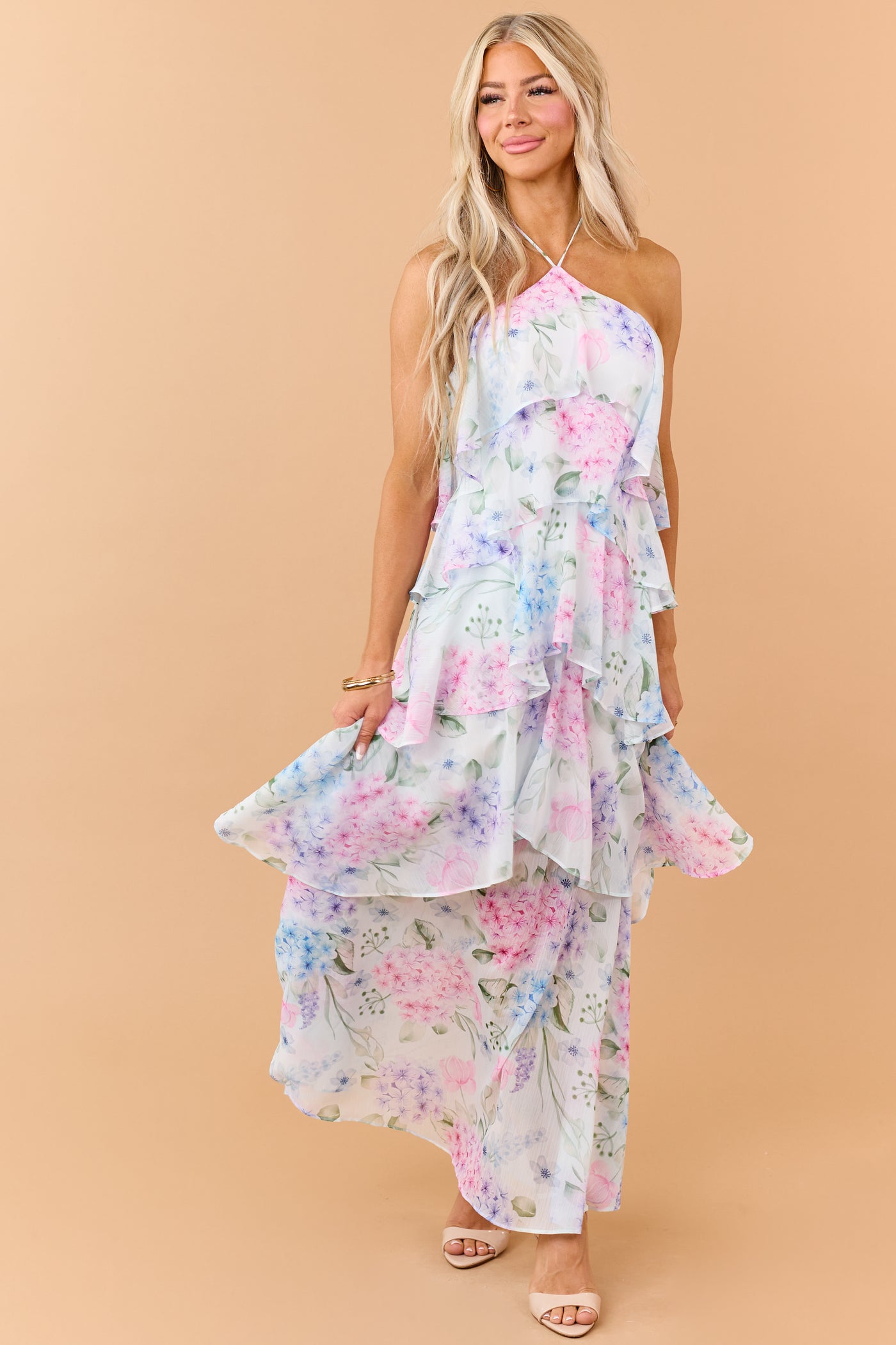 Pastel Blue Floral Print Ruffle Tiered Maxi Dress