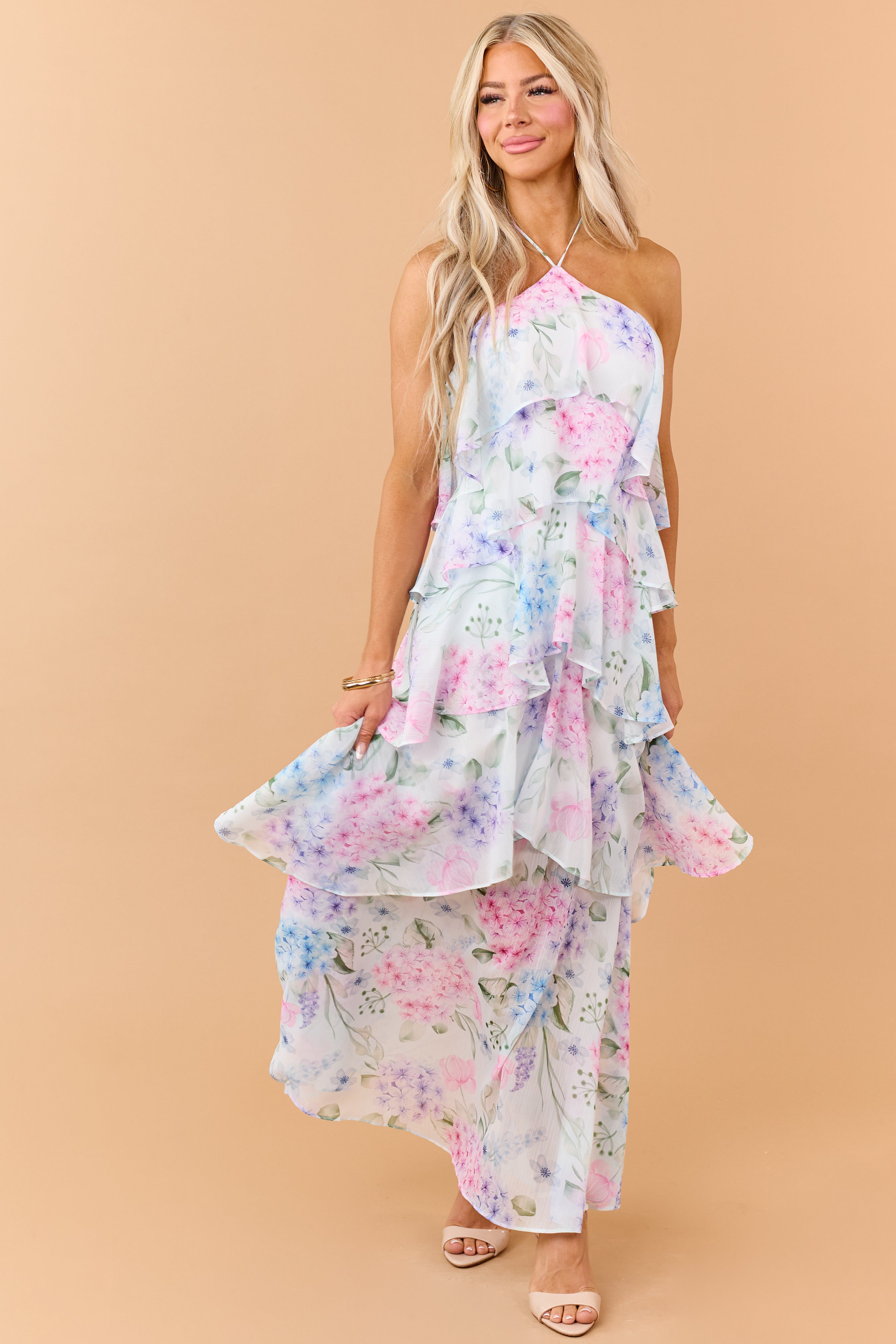 Pastel Blue Floral Print Ruffle Tiered Maxi Dress