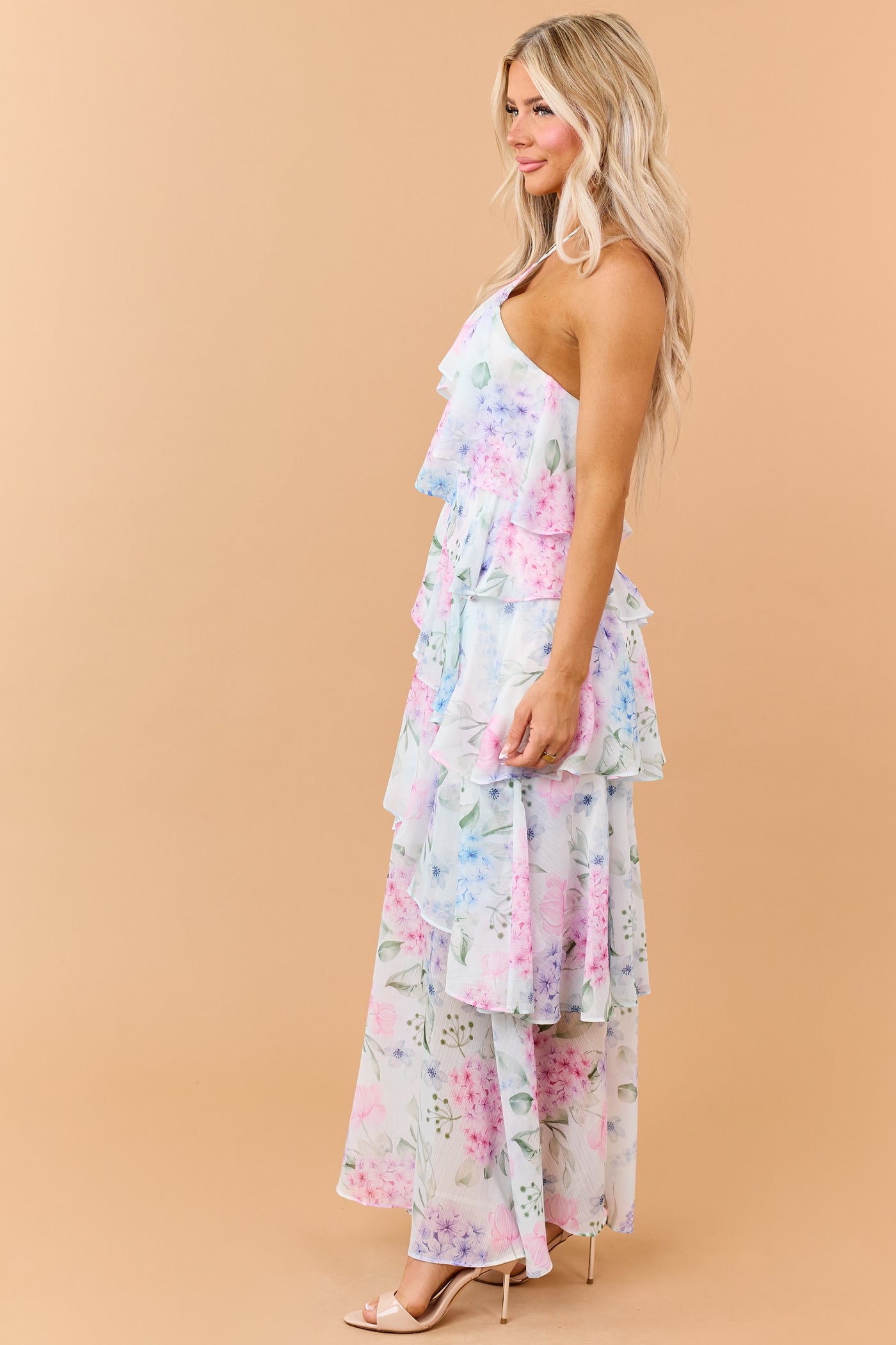 Pastel Blue Floral Print Ruffle Tiered Maxi Dress