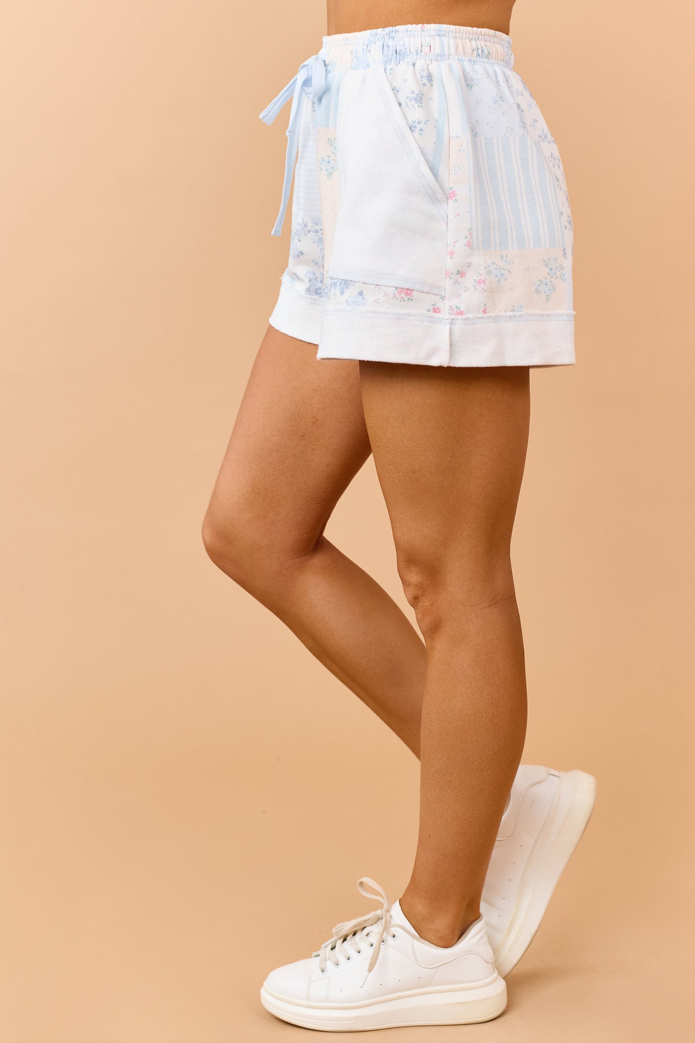 Pastel Blue Patchwork Elastic Waistband Shorts