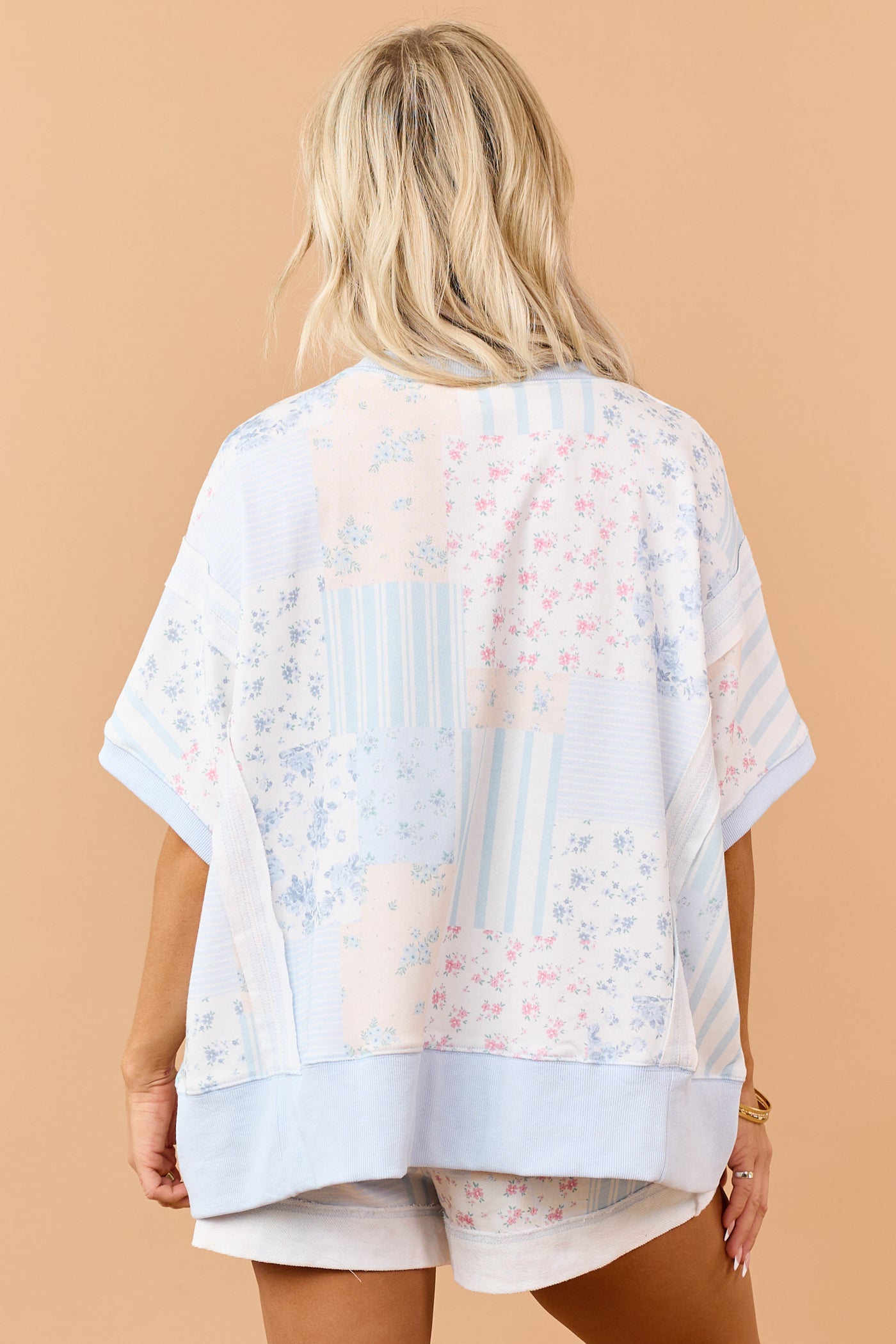 Pastel Blue Patchwork Half Sleeve Knit Top