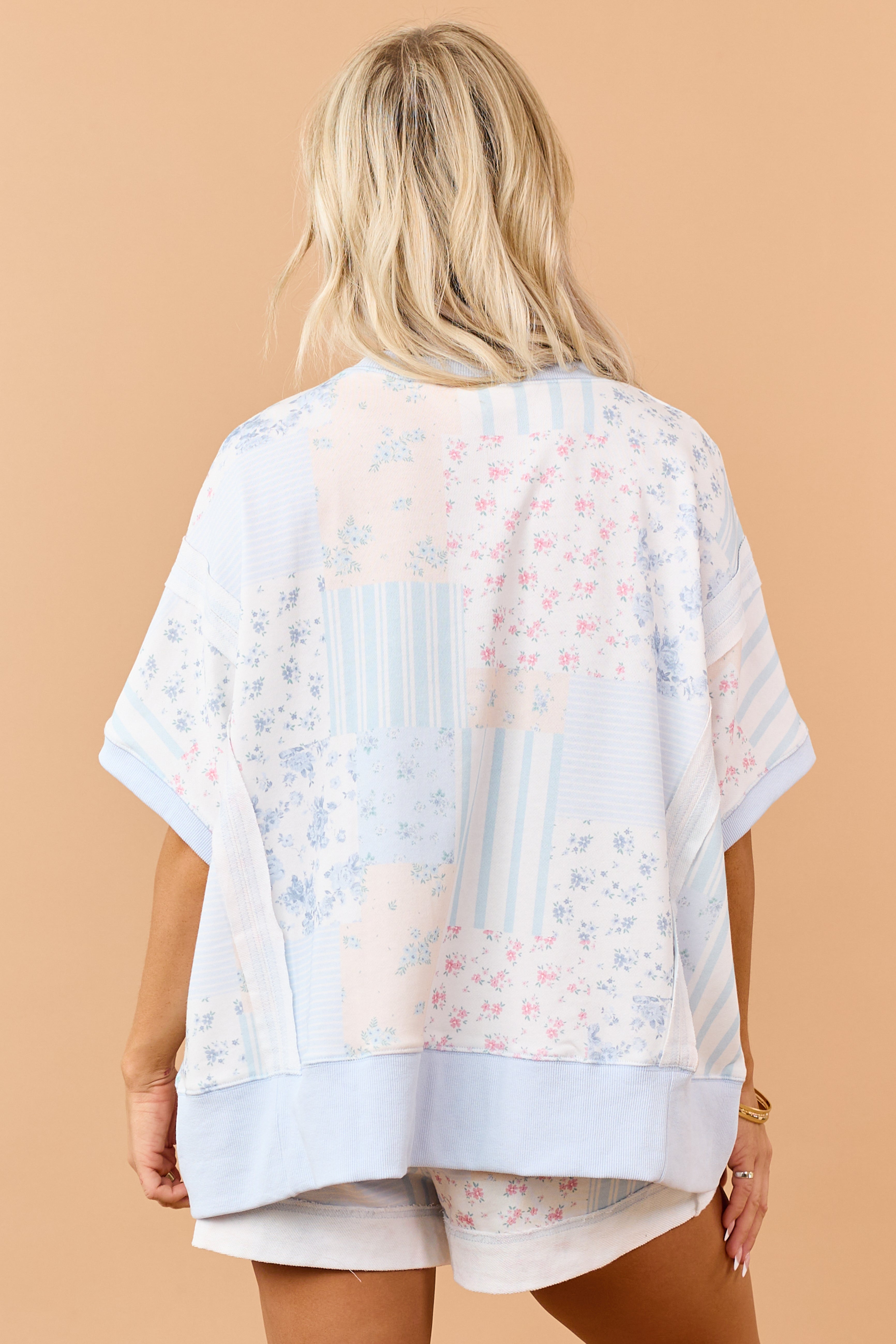 Pastel Blue Patchwork Half Sleeve Knit Top