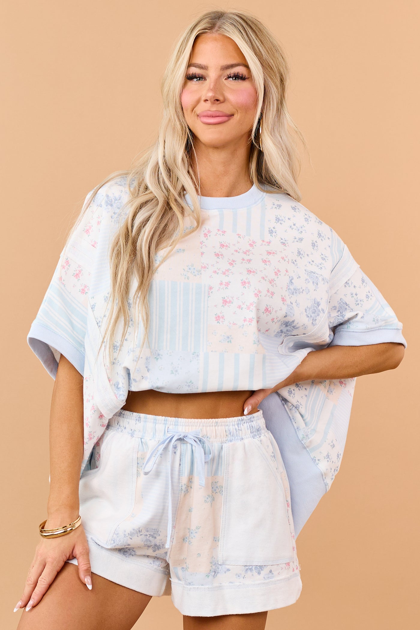 Pastel Blue Patchwork Half Sleeve Knit Top