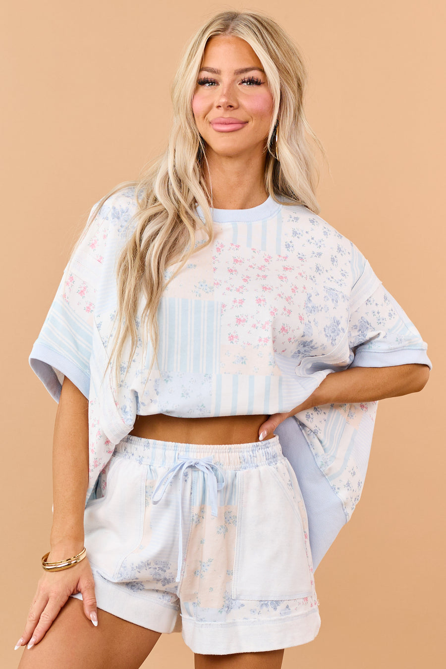 Pastel Blue Patchwork Half Sleeve Knit Top