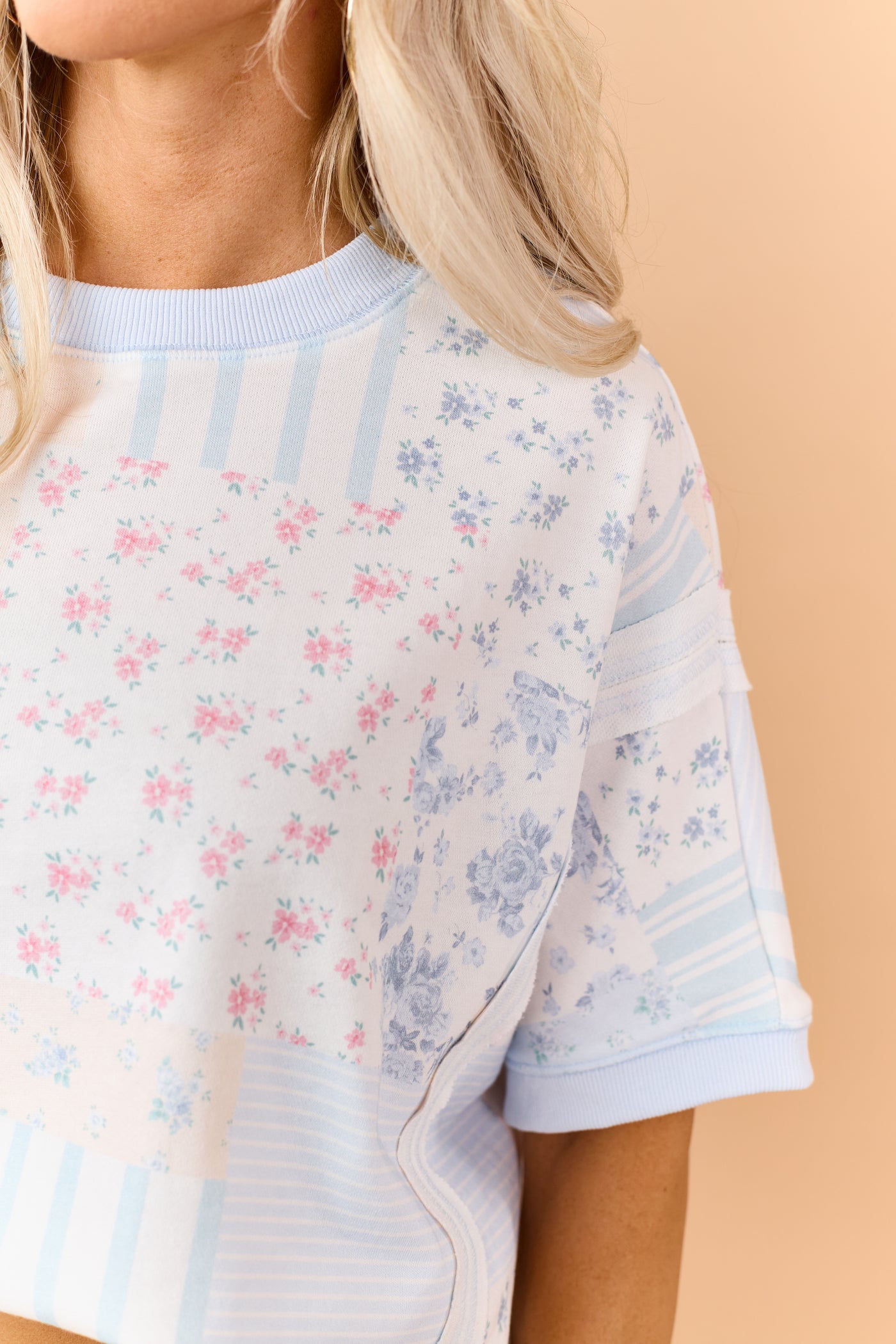 Pastel Blue Patchwork Half Sleeve Knit Top