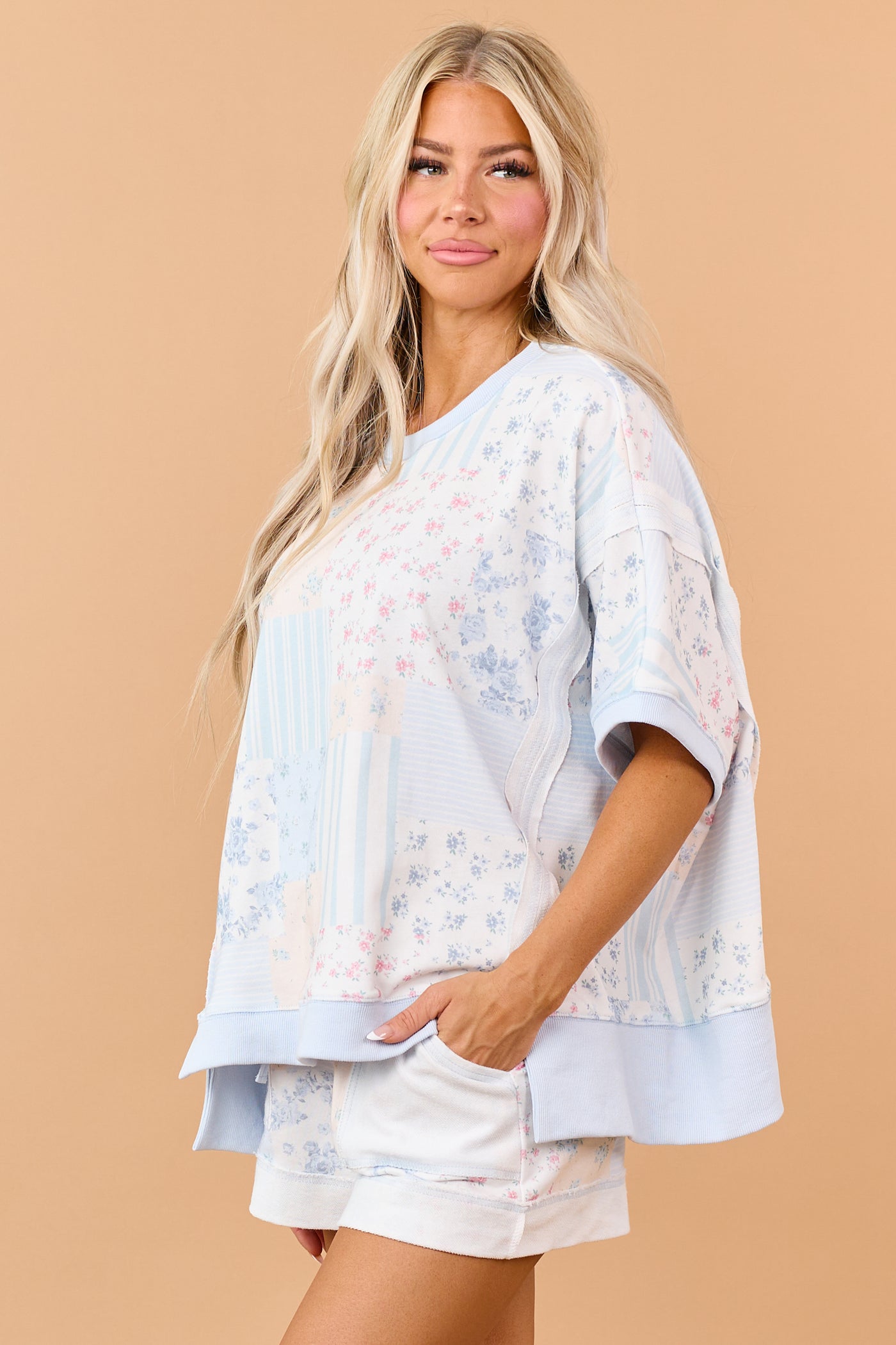Pastel Blue Patchwork Half Sleeve Knit Top