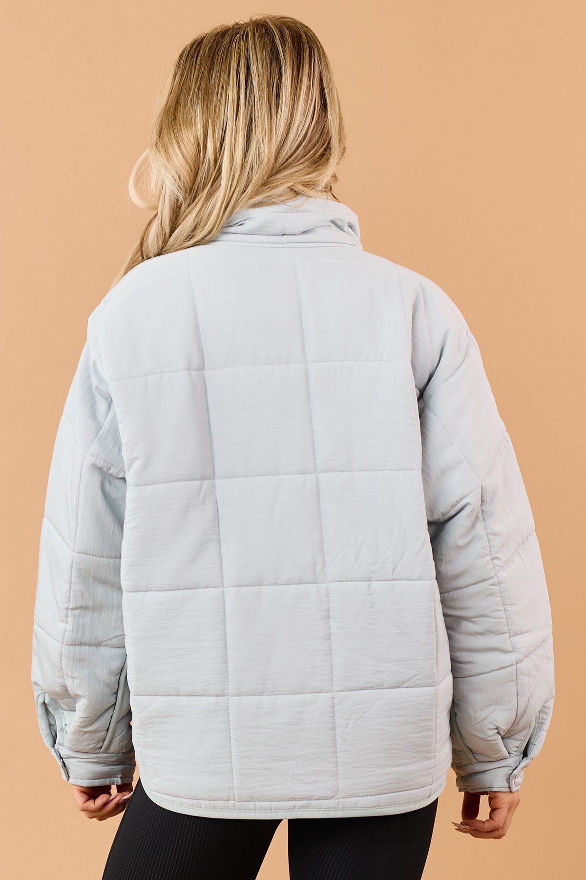 Pastel Blue Quilted Zip Up Mock Neck Puffer Jacket