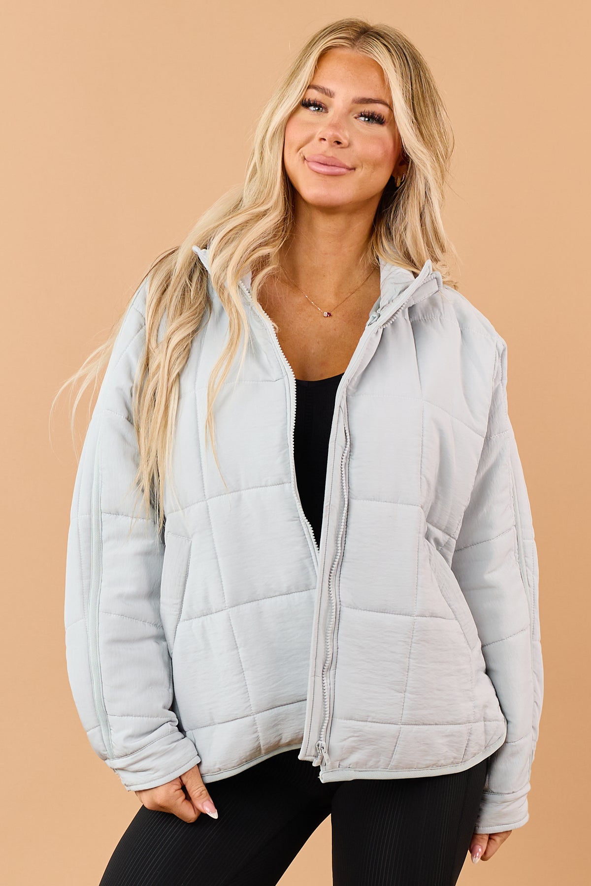 Pastel Blue Quilted Zip Up Mock Neck Puffer Jacket