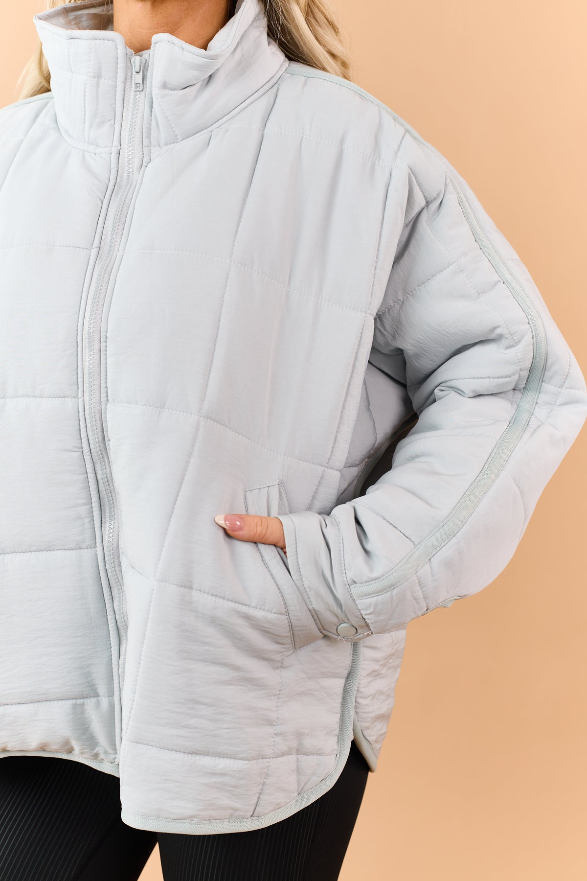 Pastel Blue Quilted Zip Up Mock Neck Puffer Jacket