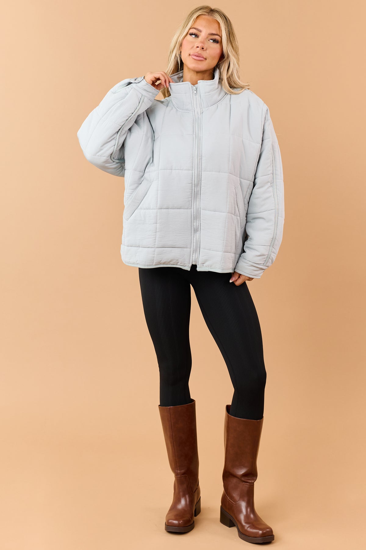 Pastel Blue Quilted Zip Up Mock Neck Puffer Jacket