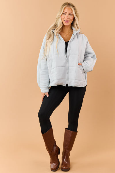 Pastel Blue Quilted Zip Up Mock Neck Puffer Jacket