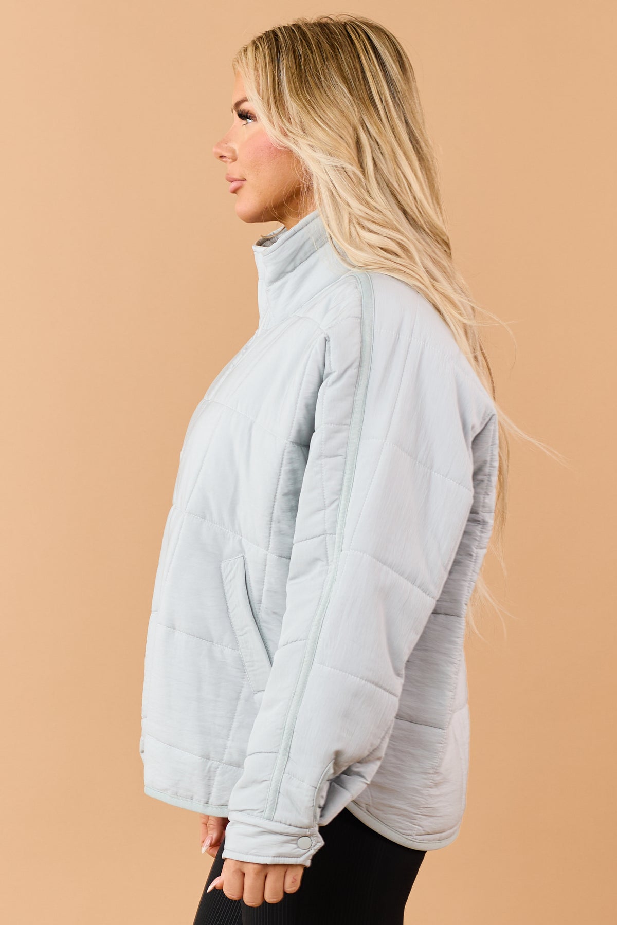Pastel Blue Quilted Zip Up Mock Neck Puffer Jacket