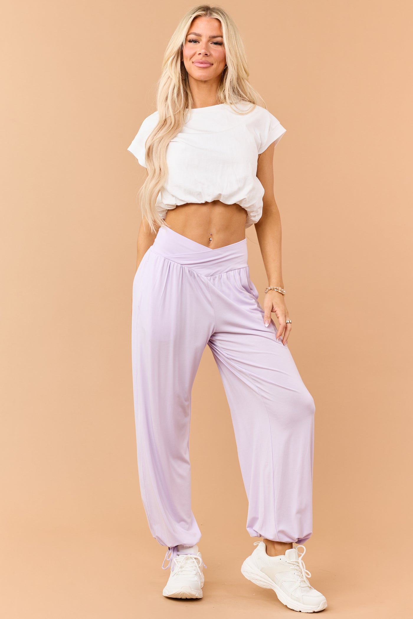 Pastel Iris Crossover Wrap Waist Cinch Hem Pants