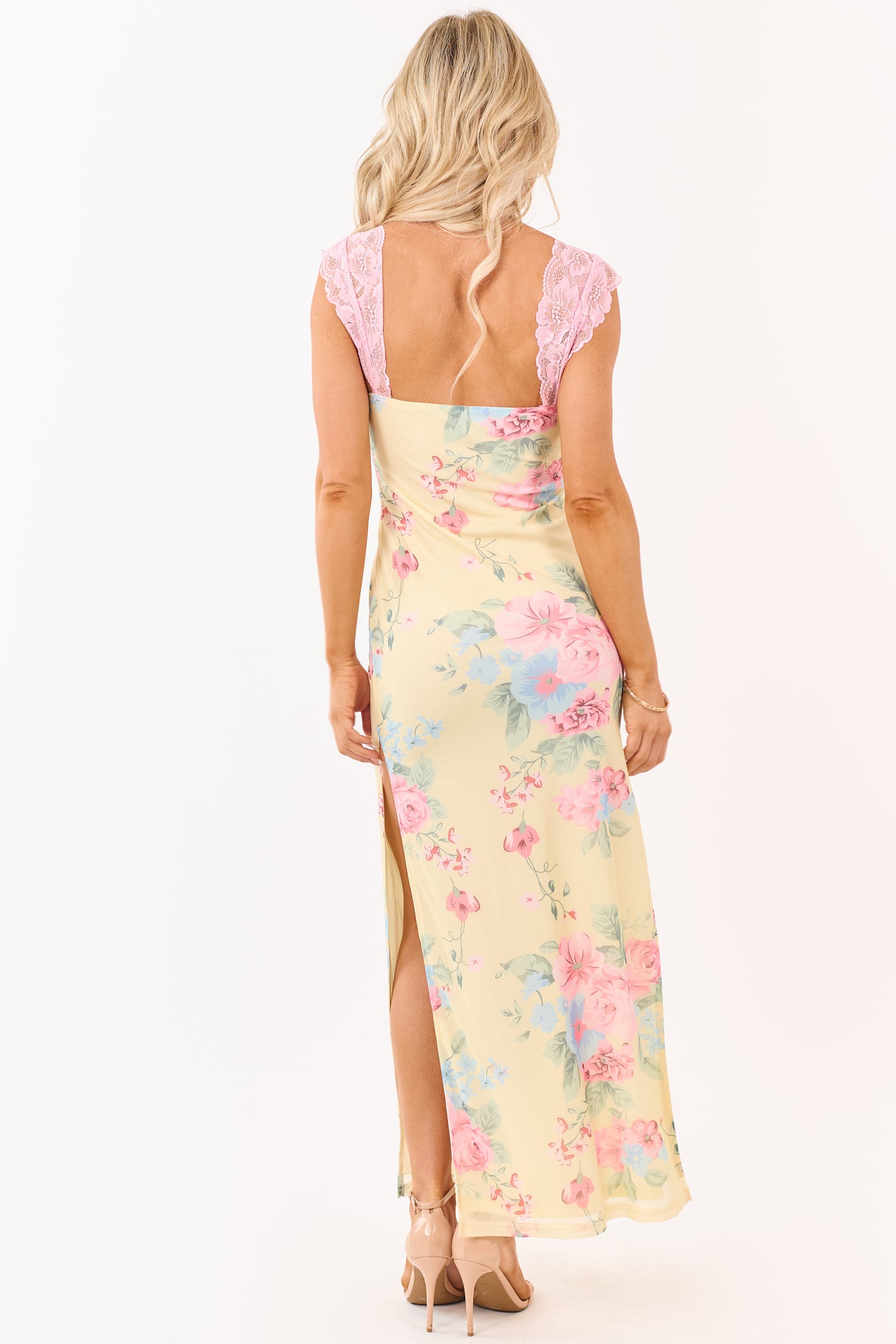 Pastel Yellow Floral Print Mesh Lace Maxi Dress