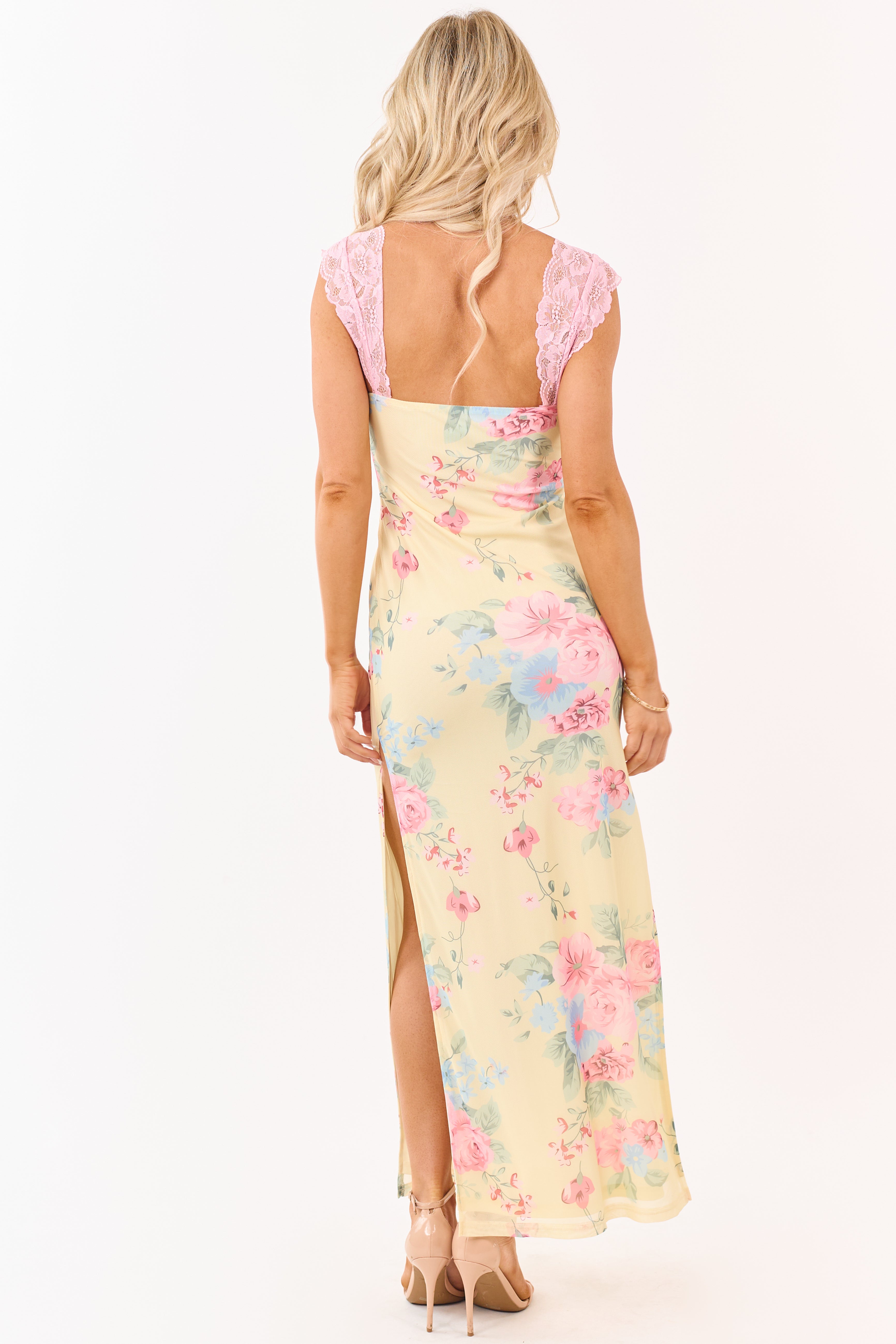 Pastel Yellow Floral Print Mesh Lace Maxi Dress